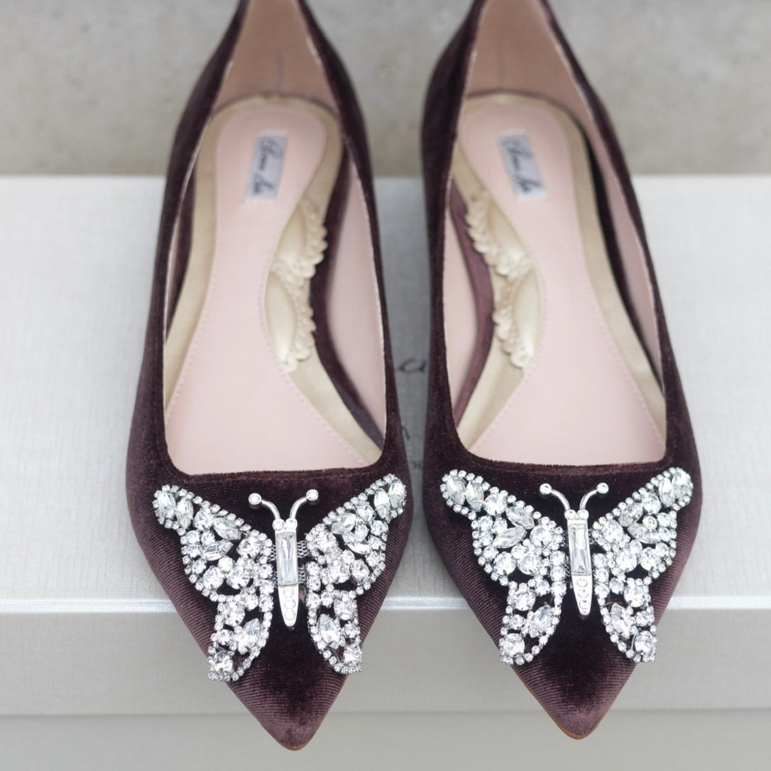 Eliana Butterfly Pointy Flats Chocolate Brown Velvet