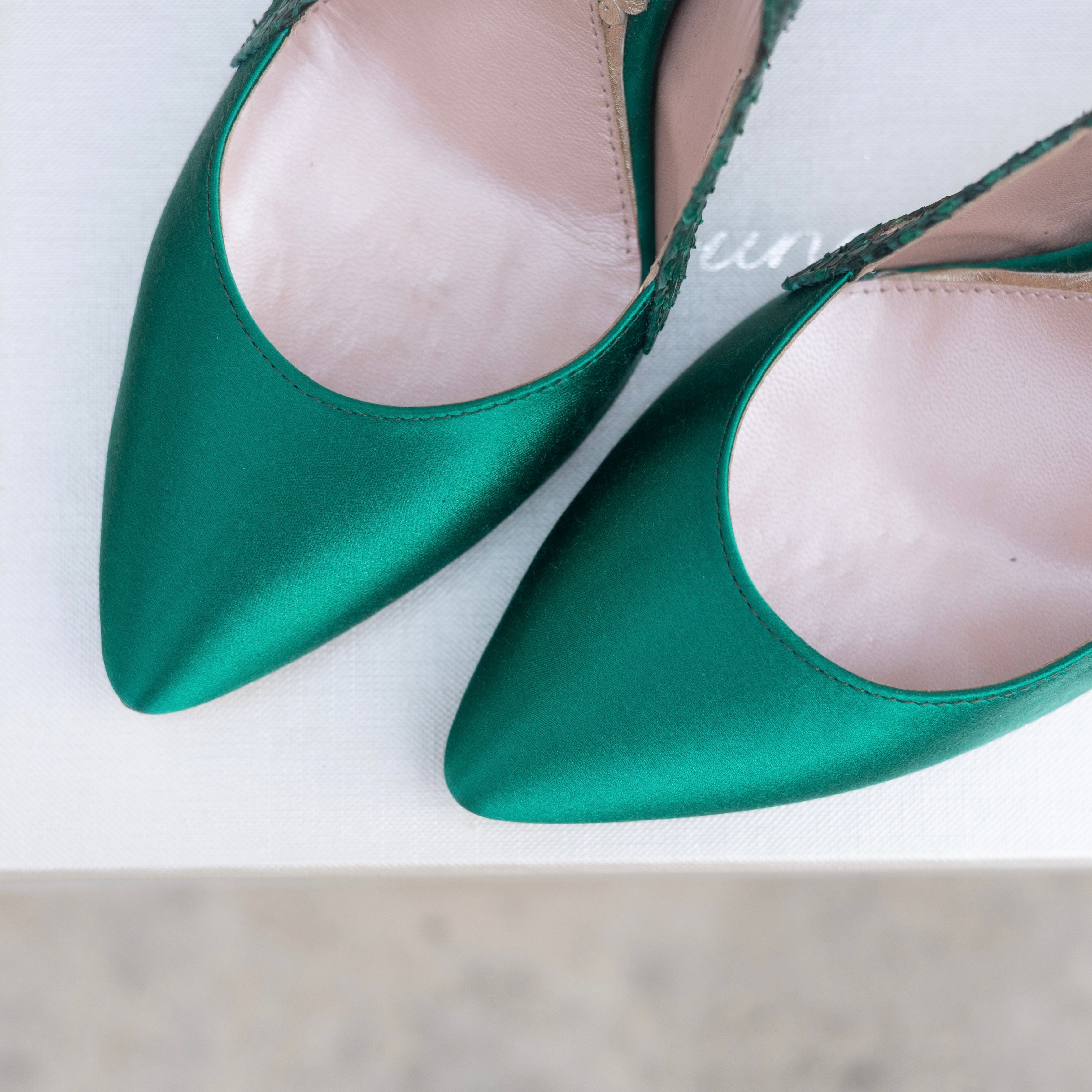 Cosmo Green Satin And Printed Snake Heels