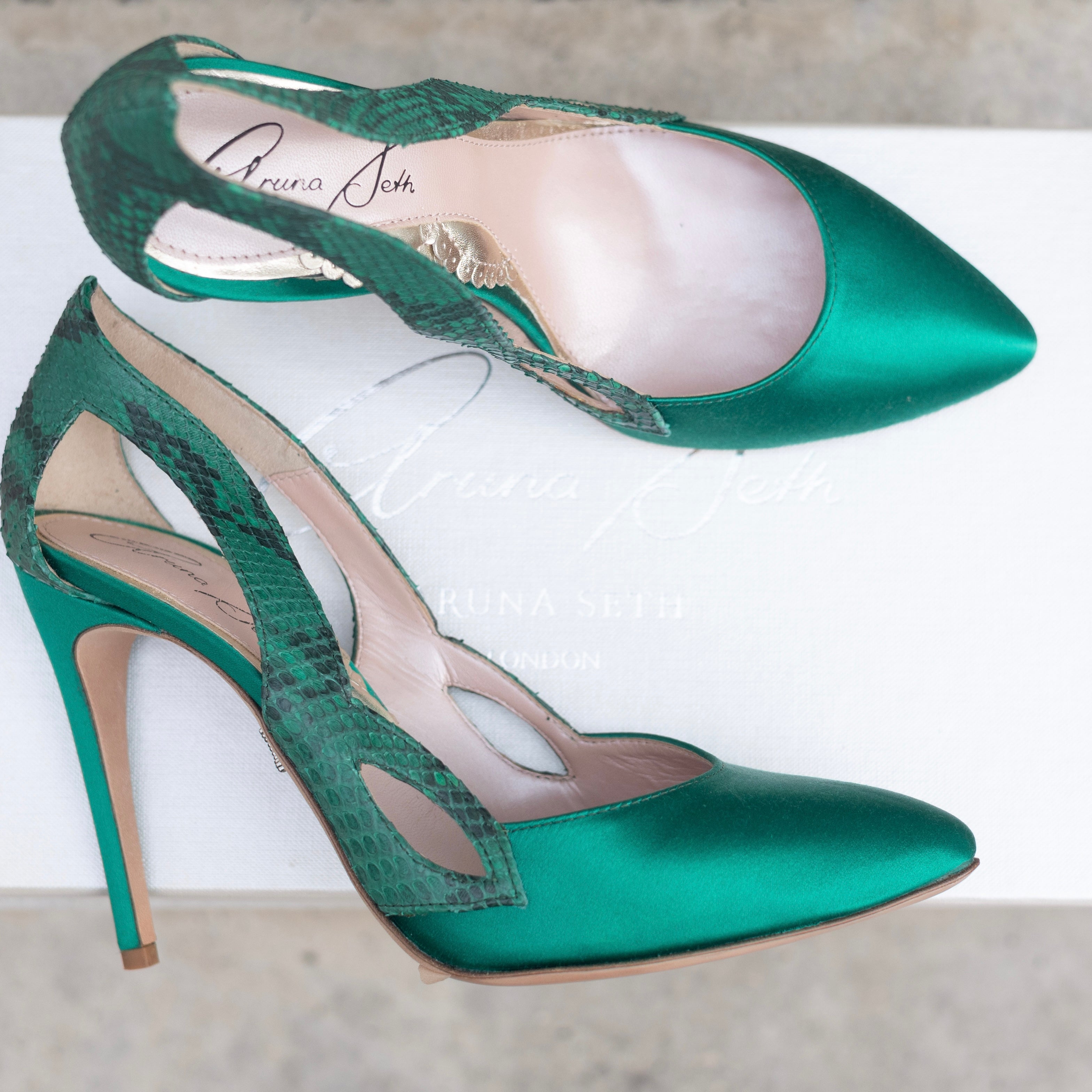 Cosmo Green Satin And Printed Snake Heels