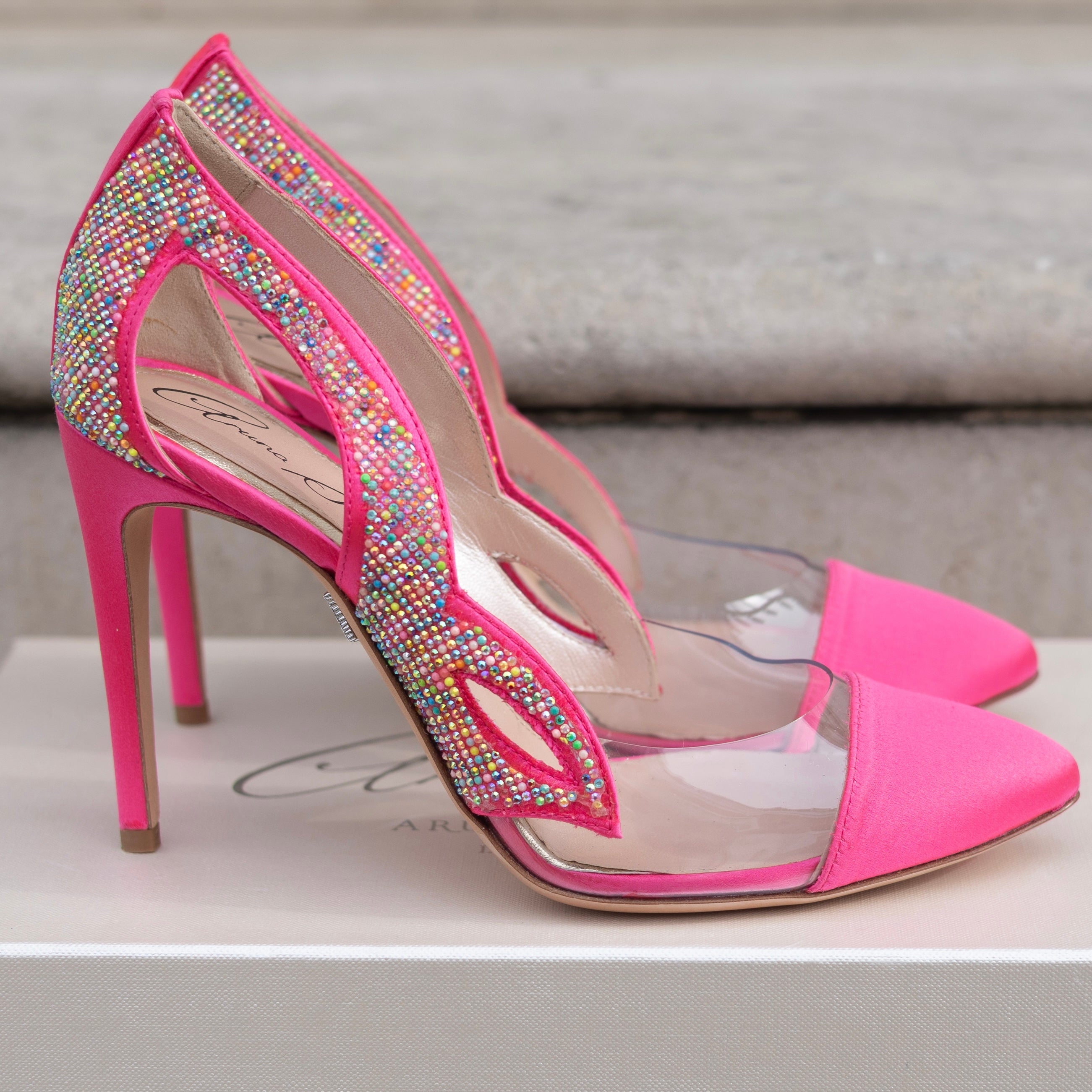 Cosmo Neon Pink Multicoloured Crystal Heels