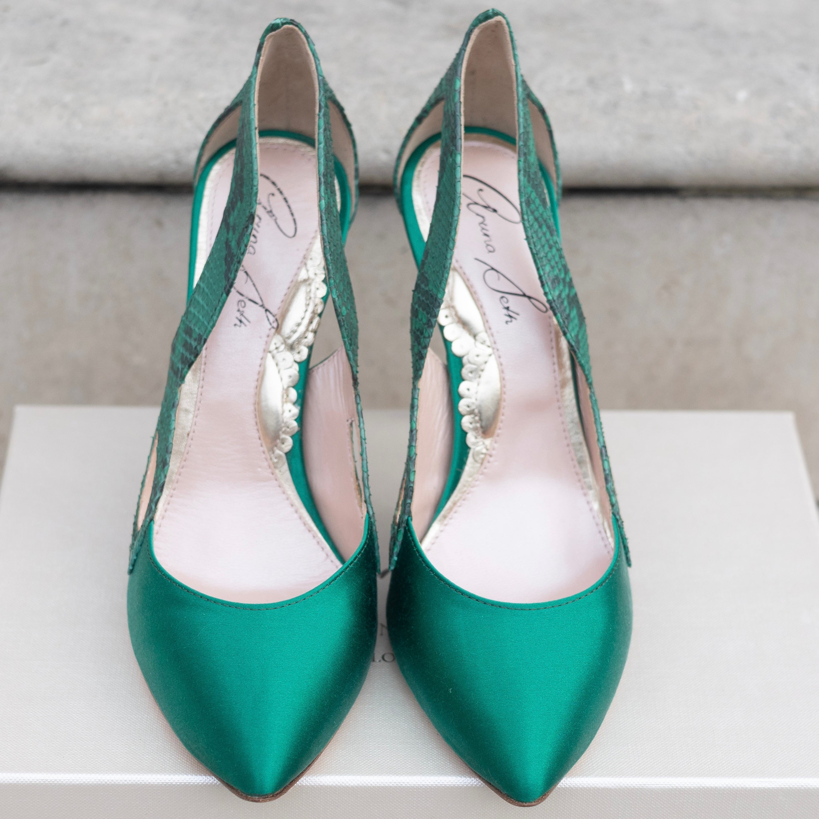 Cosmo Green Satin And Printed Snake Heels