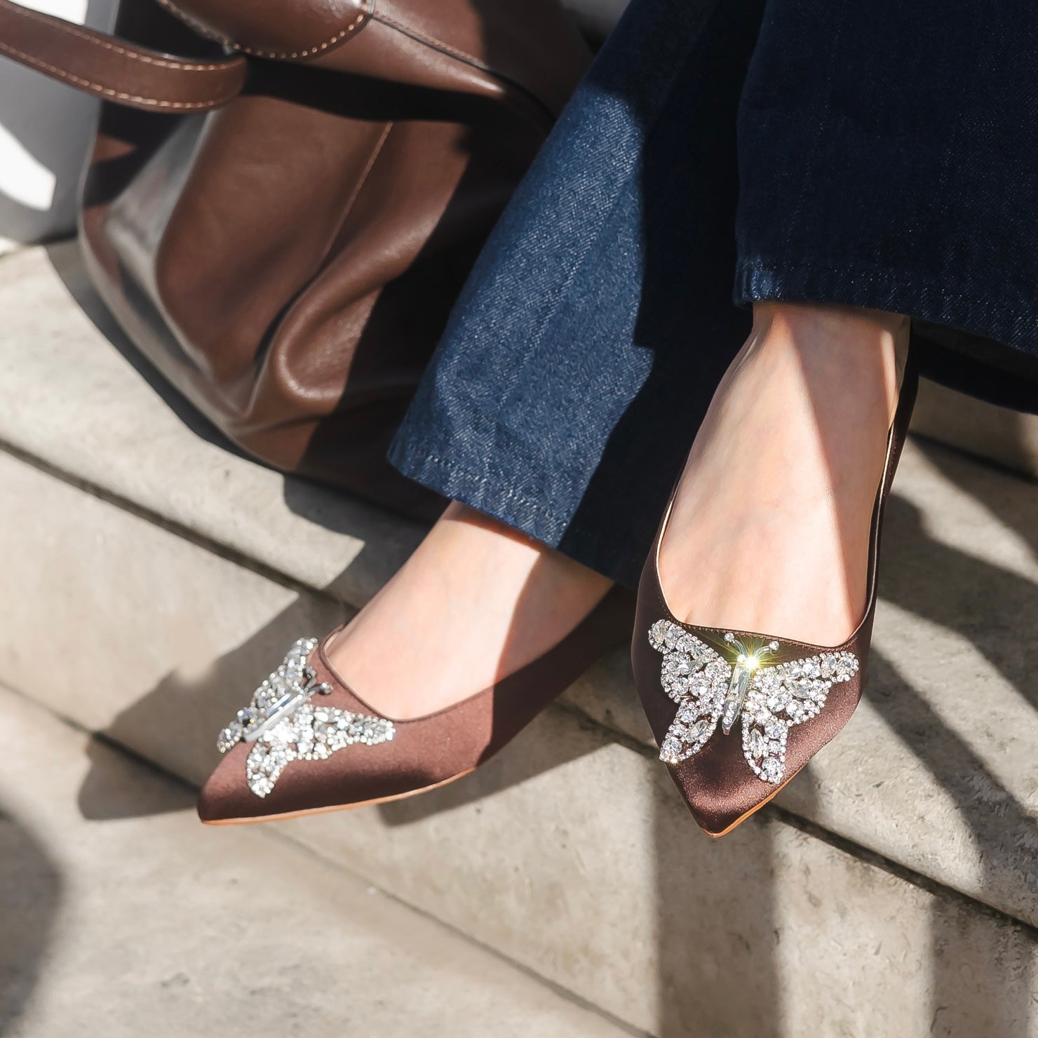 Eliana Butterfly Pointy Flats Chocolate Brown Satin