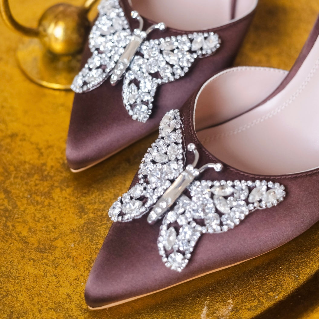 LOVE BUTTERFLY SLINGBACK Chocolate Brown Satin HEELS