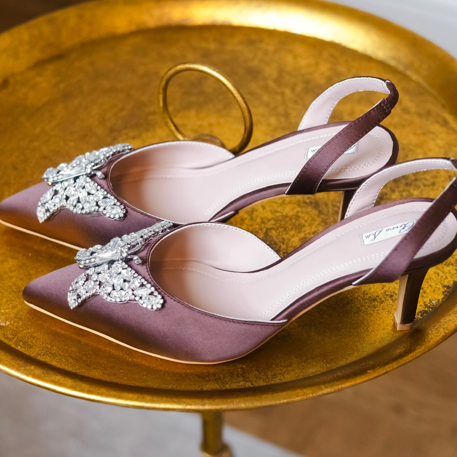 LOVE BUTTERFLY SLINGBACK Chocolate Brown Satin HEELS