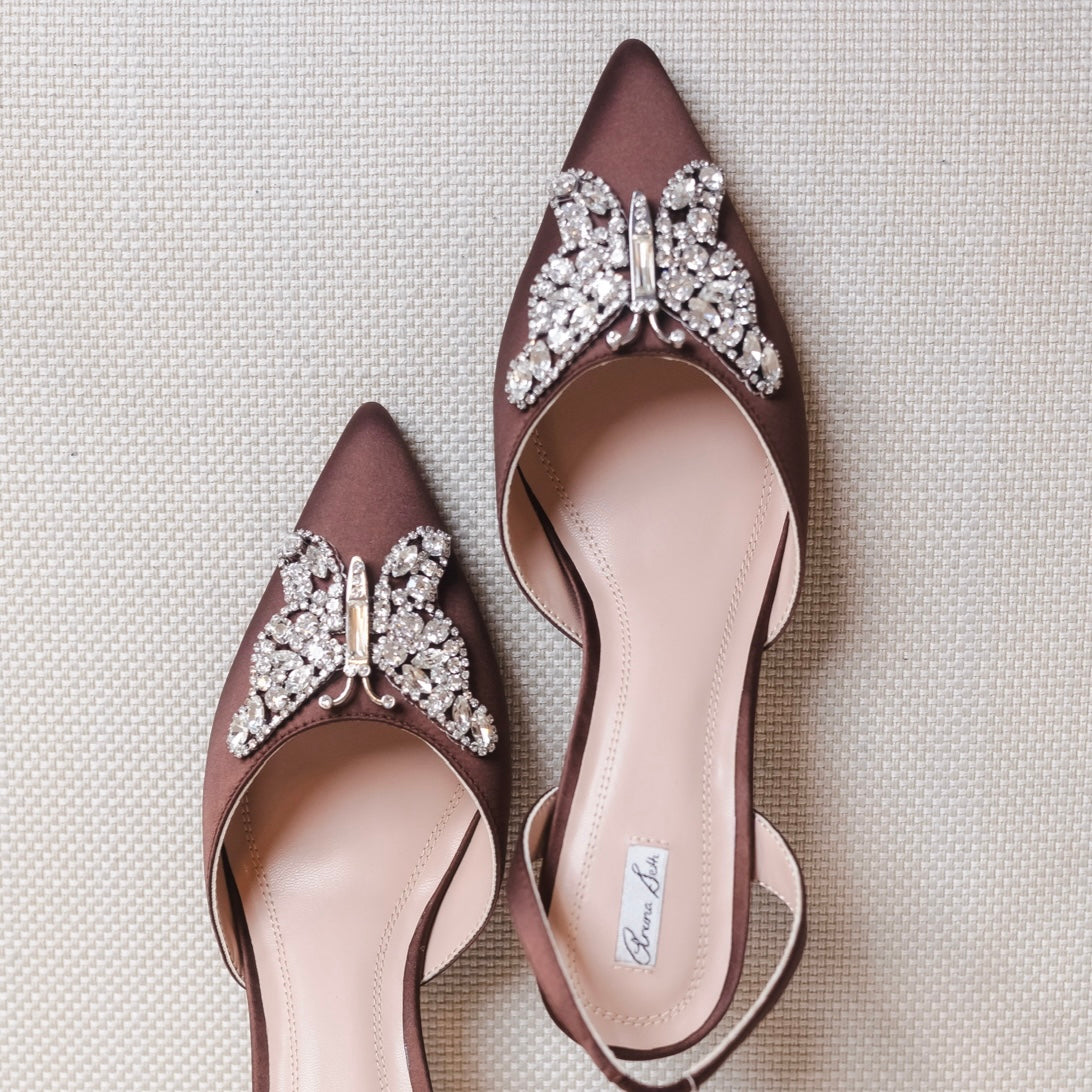 LOVE BUTTERFLY SLINGBACK Chocolate Brown Satin HEELS