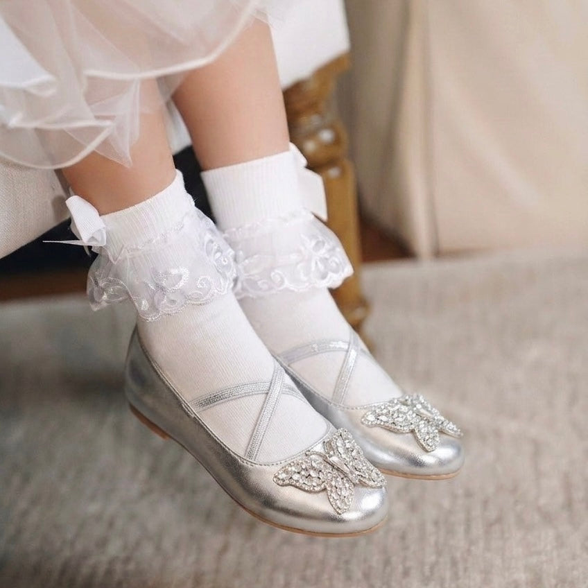 Mila Butterfly Girls Silver Metallic Leather Ballerinas