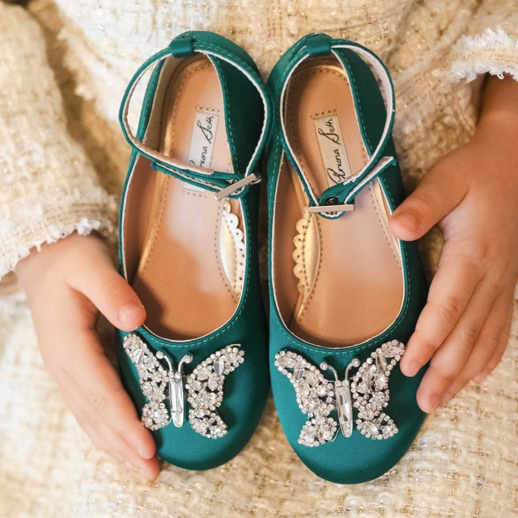 Angelina Butterfly Girls Shoes Emerald Green Satin
