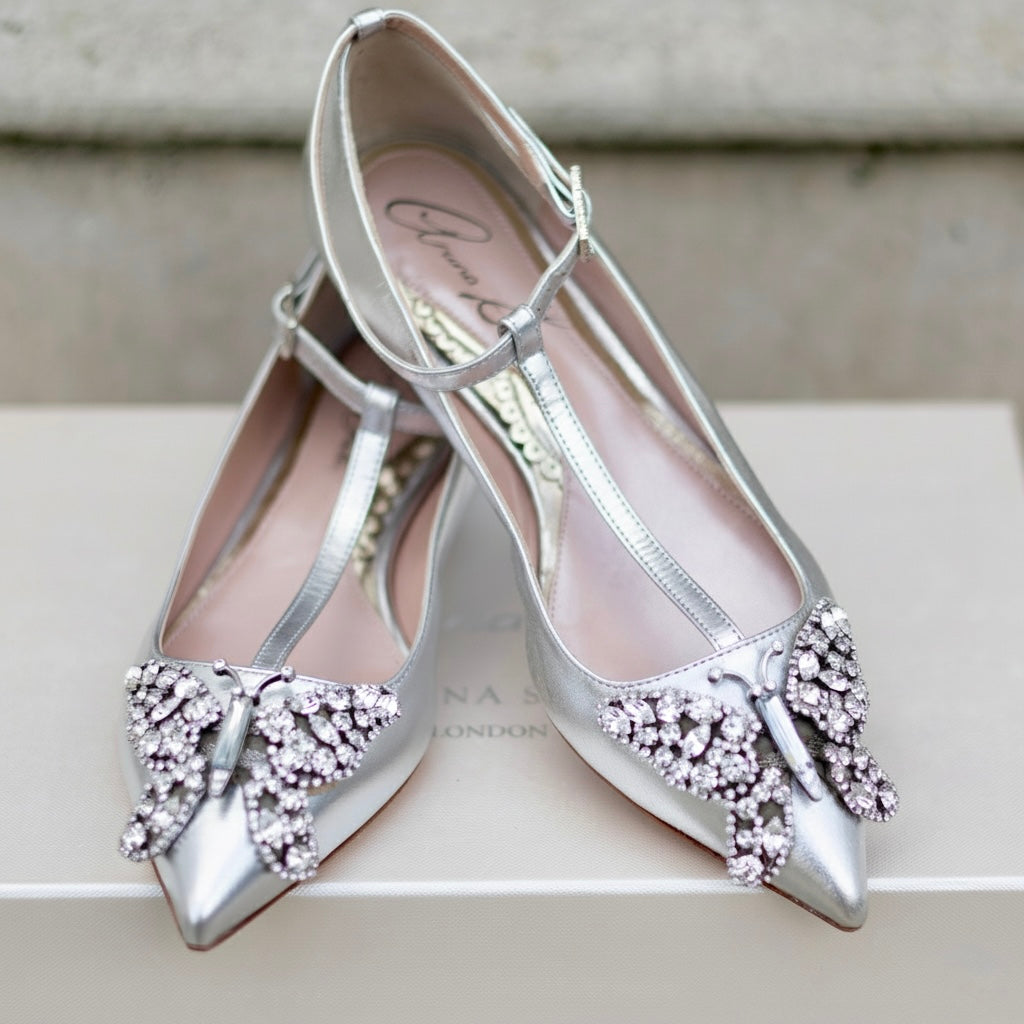 Eliana T-Bar Ballet Flats Silver Leather