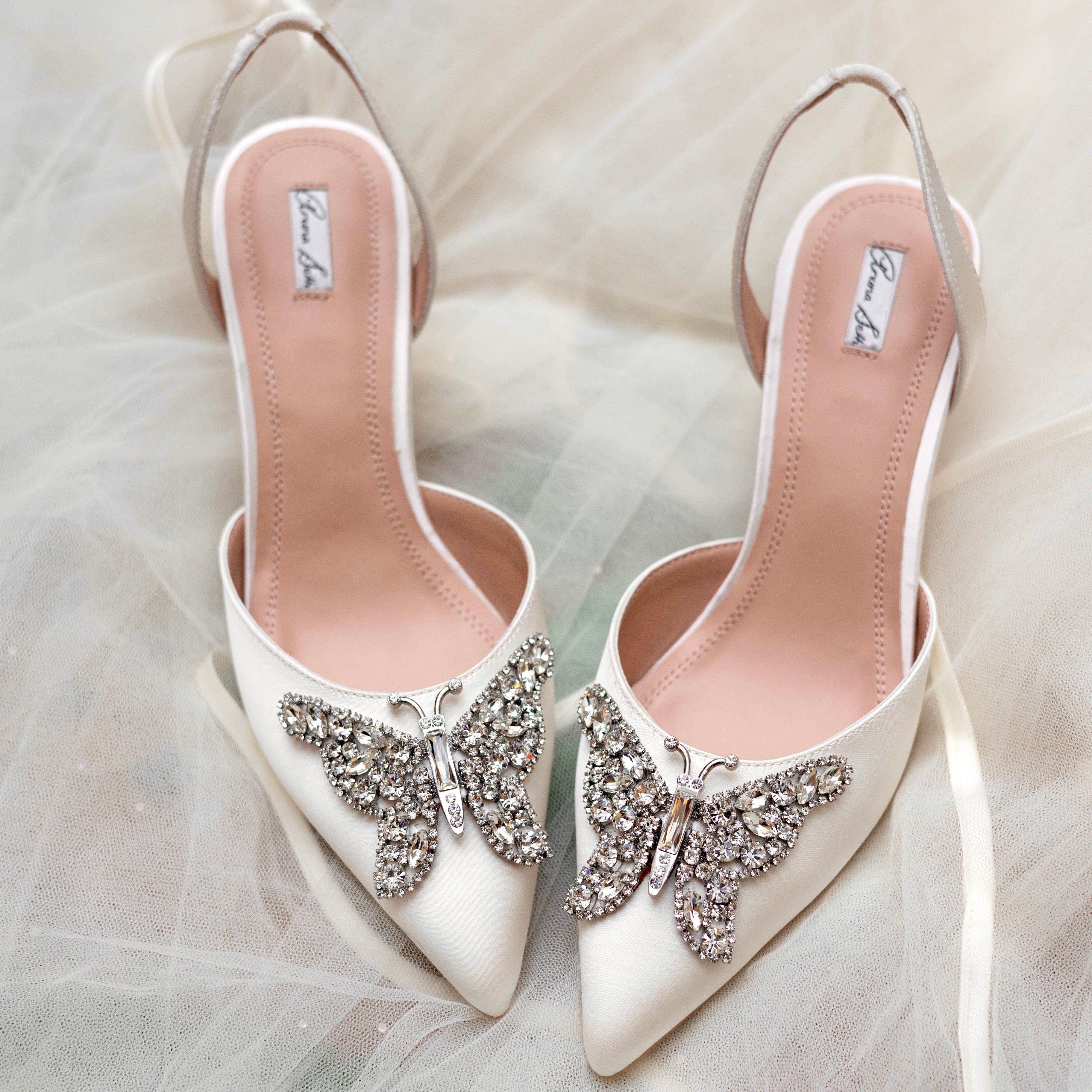Love Butterfly Slingback Heels Ivory Satin