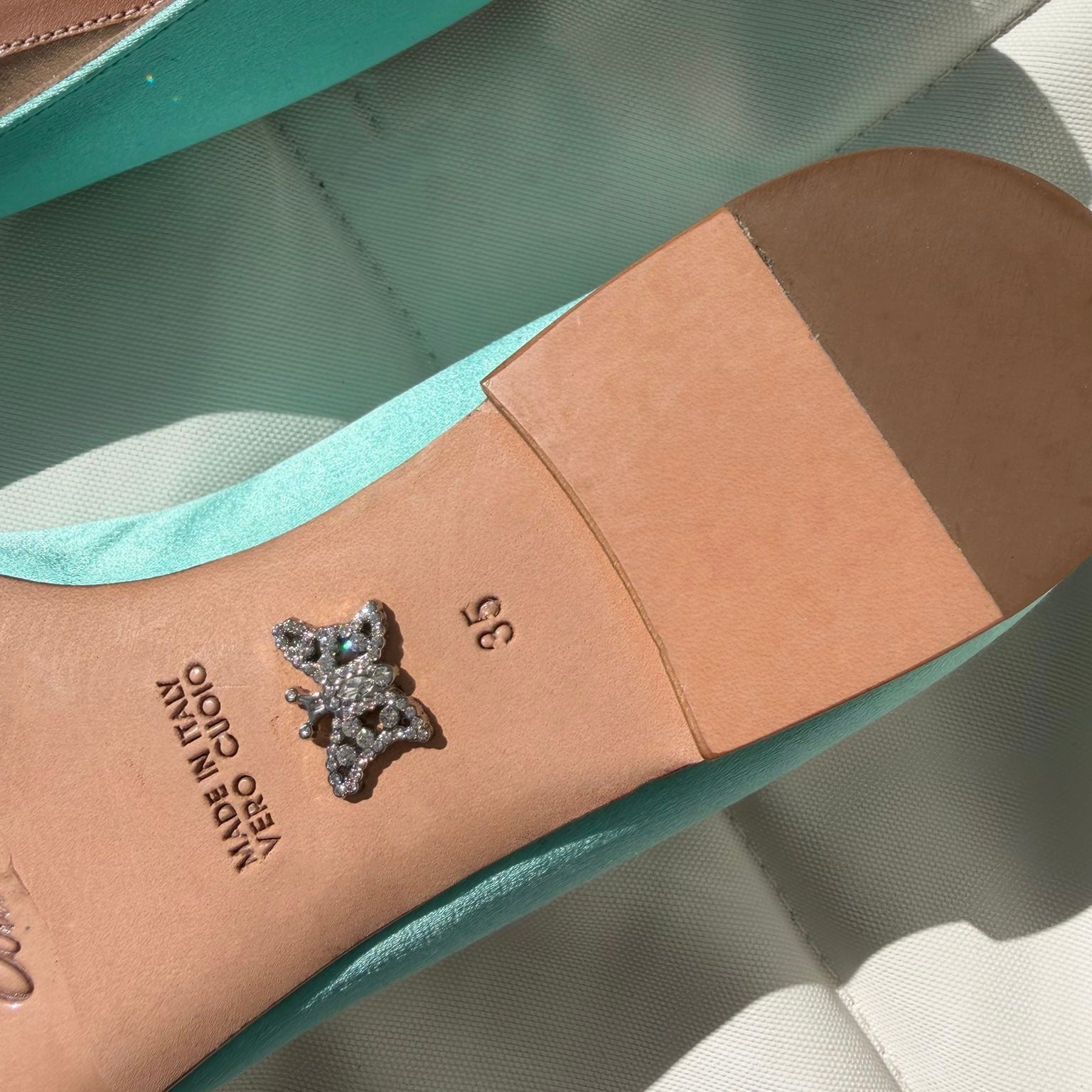 Liana Butterfly Open Toe Flats Tiffany Blue Satin