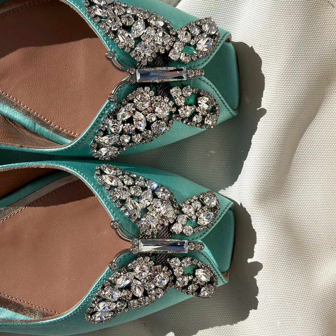 Liana Butterfly Open Toe Flats Tiffany Blue Satin
