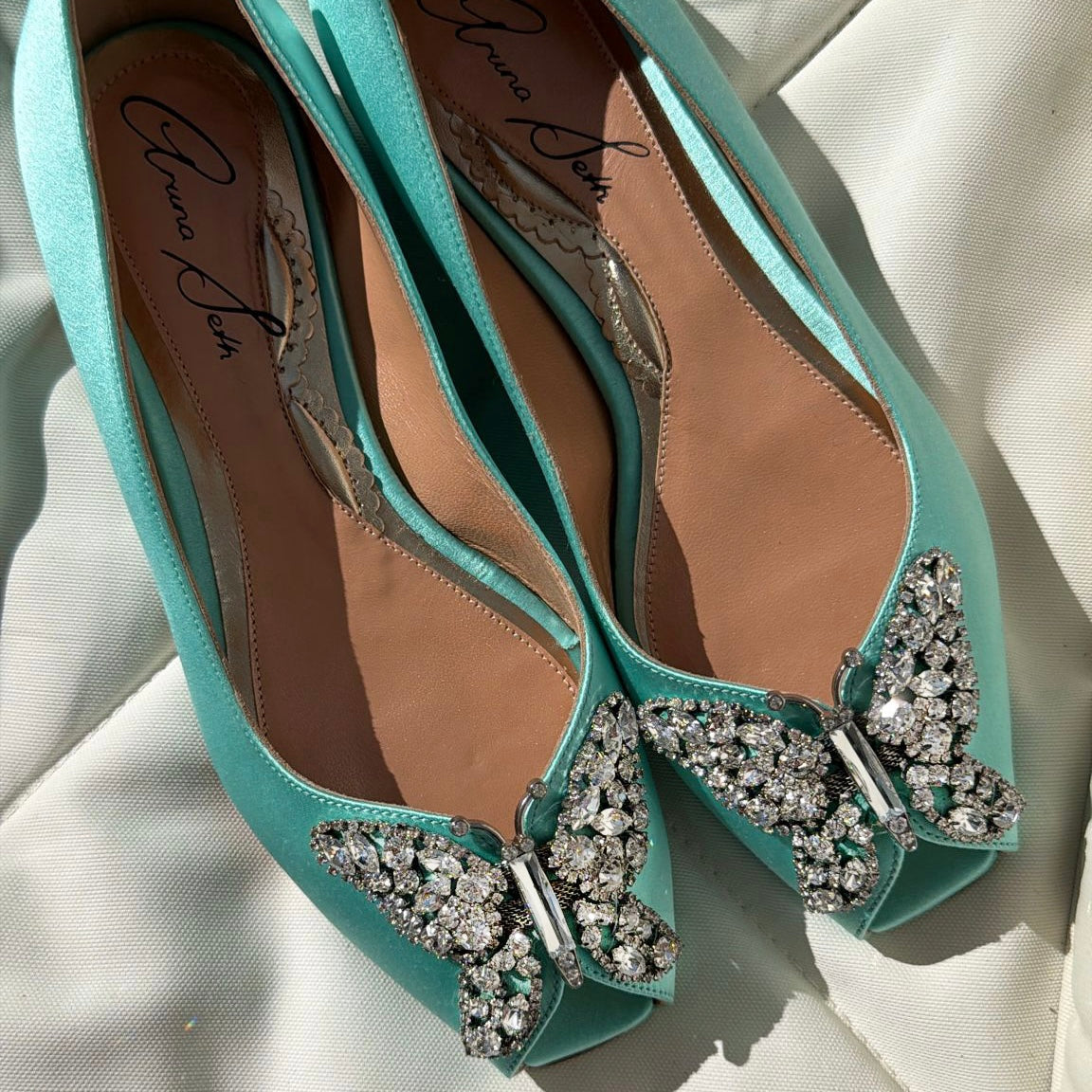 Liana Butterfly Open Toe Flats Tiffany Blue Satin