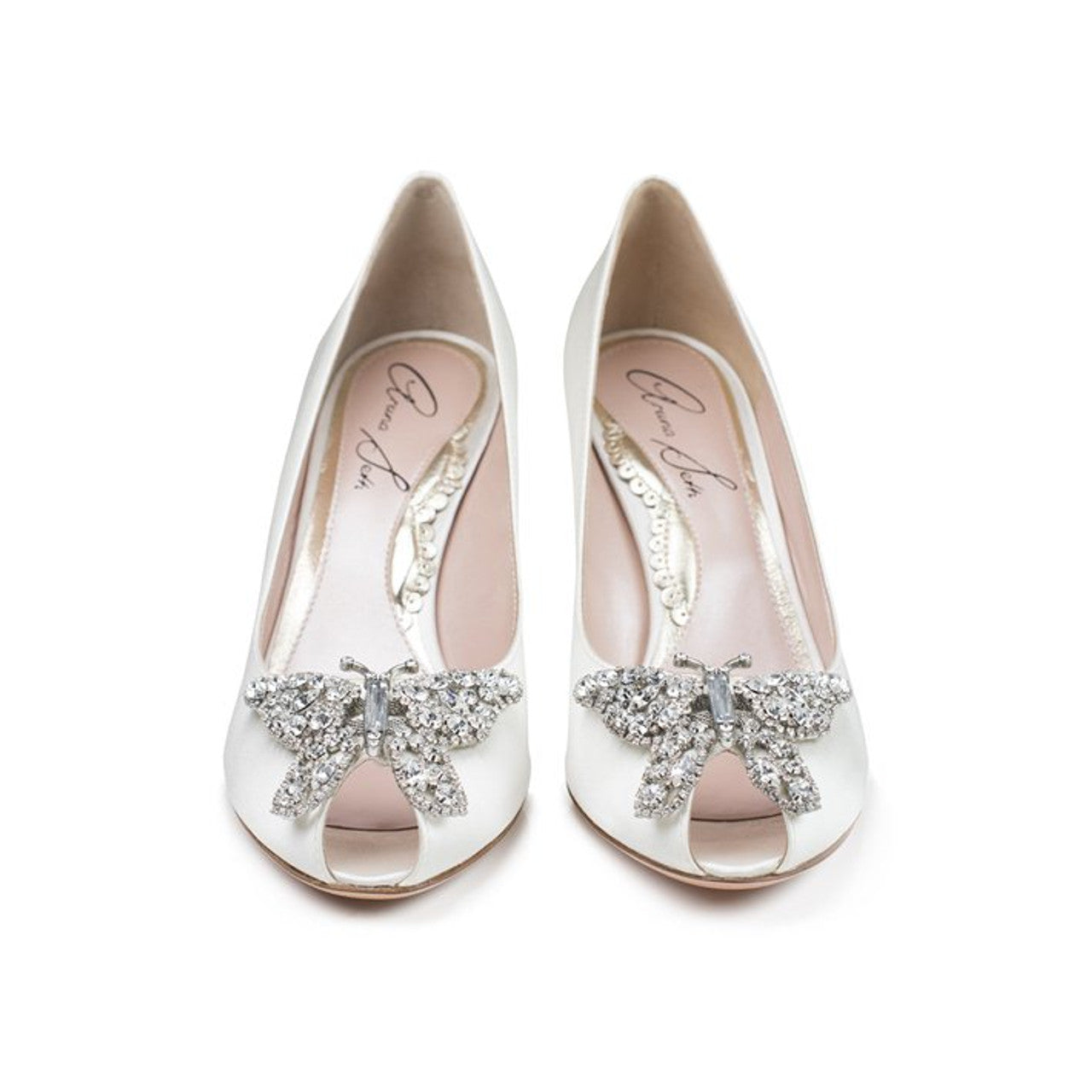 Ava Open Toe Butterfly Low Heels Ivory Satin