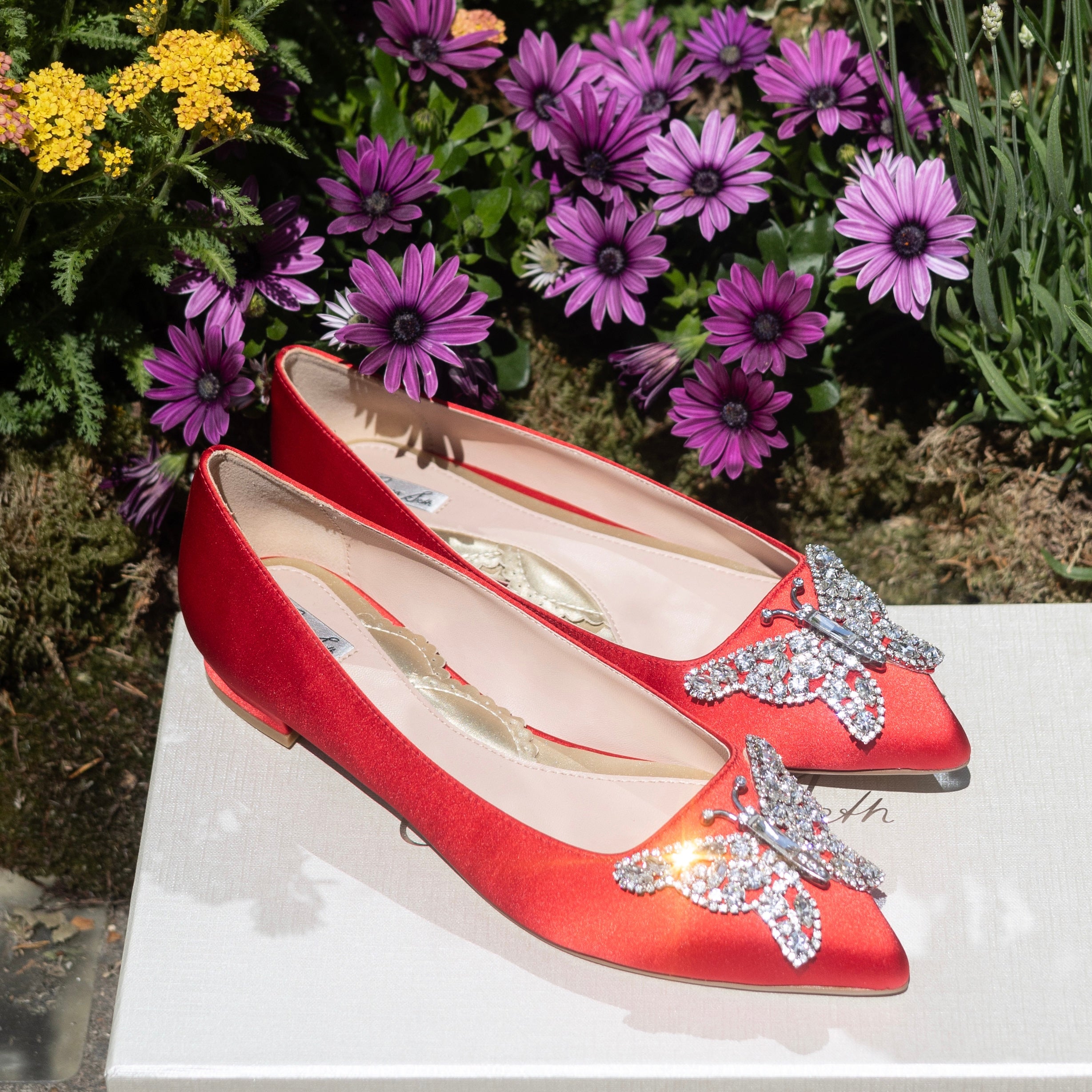 Eliana Butterfly Pointy Flats Red Satin