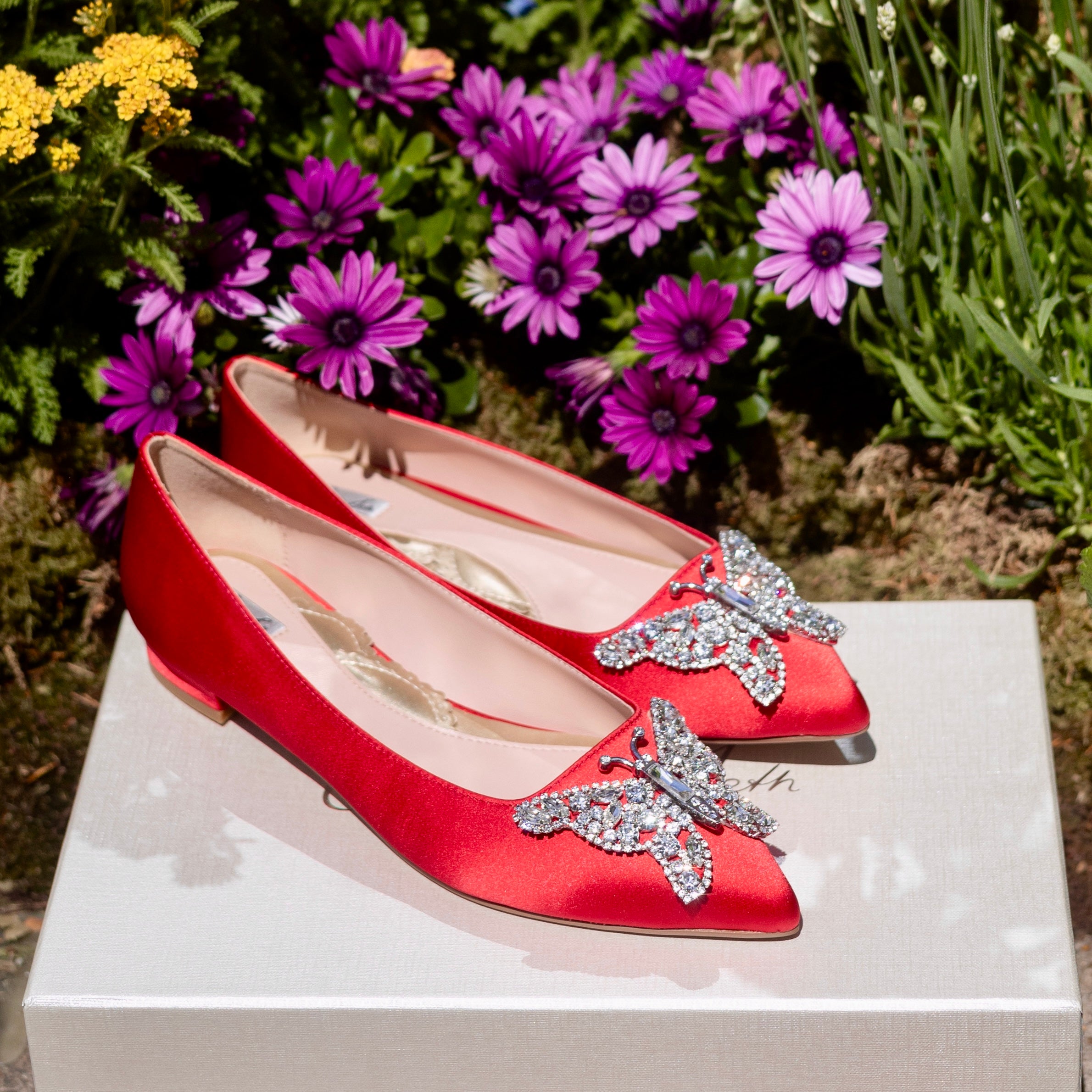 Eliana Butterfly Pointy Flats Red Satin
