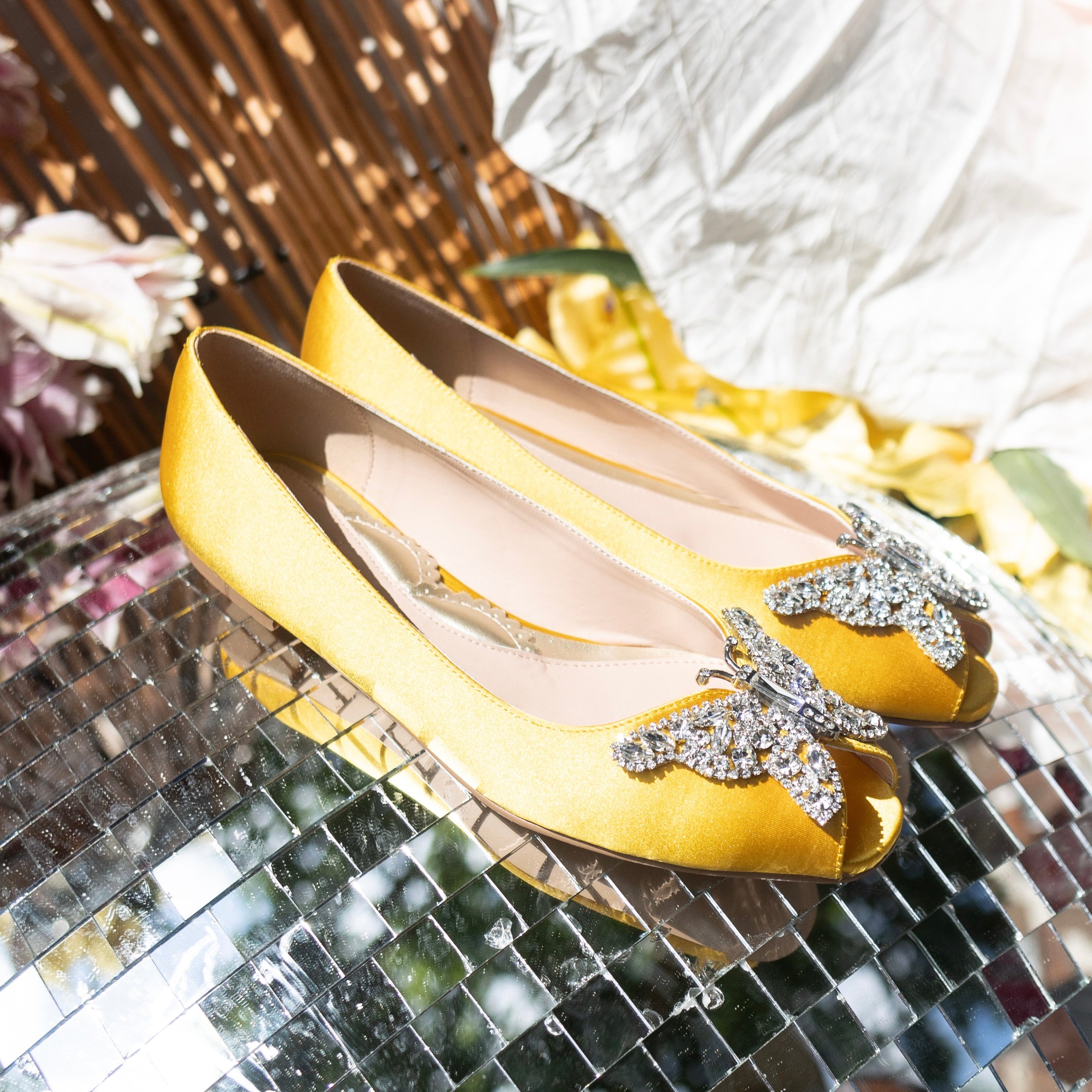 Liana Butterfly Open Toe Flats Yellow Satin
