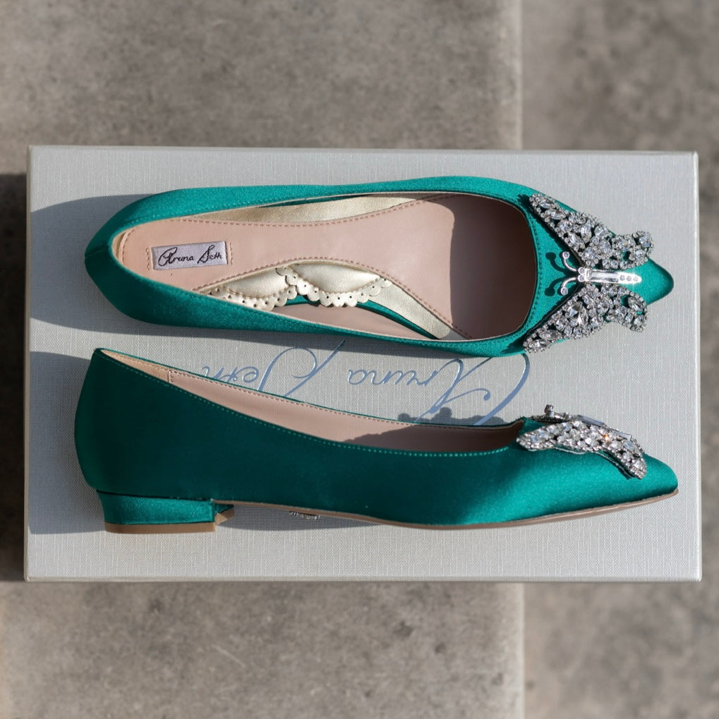 Eliana Butterfly Pointy Flats Green Satin