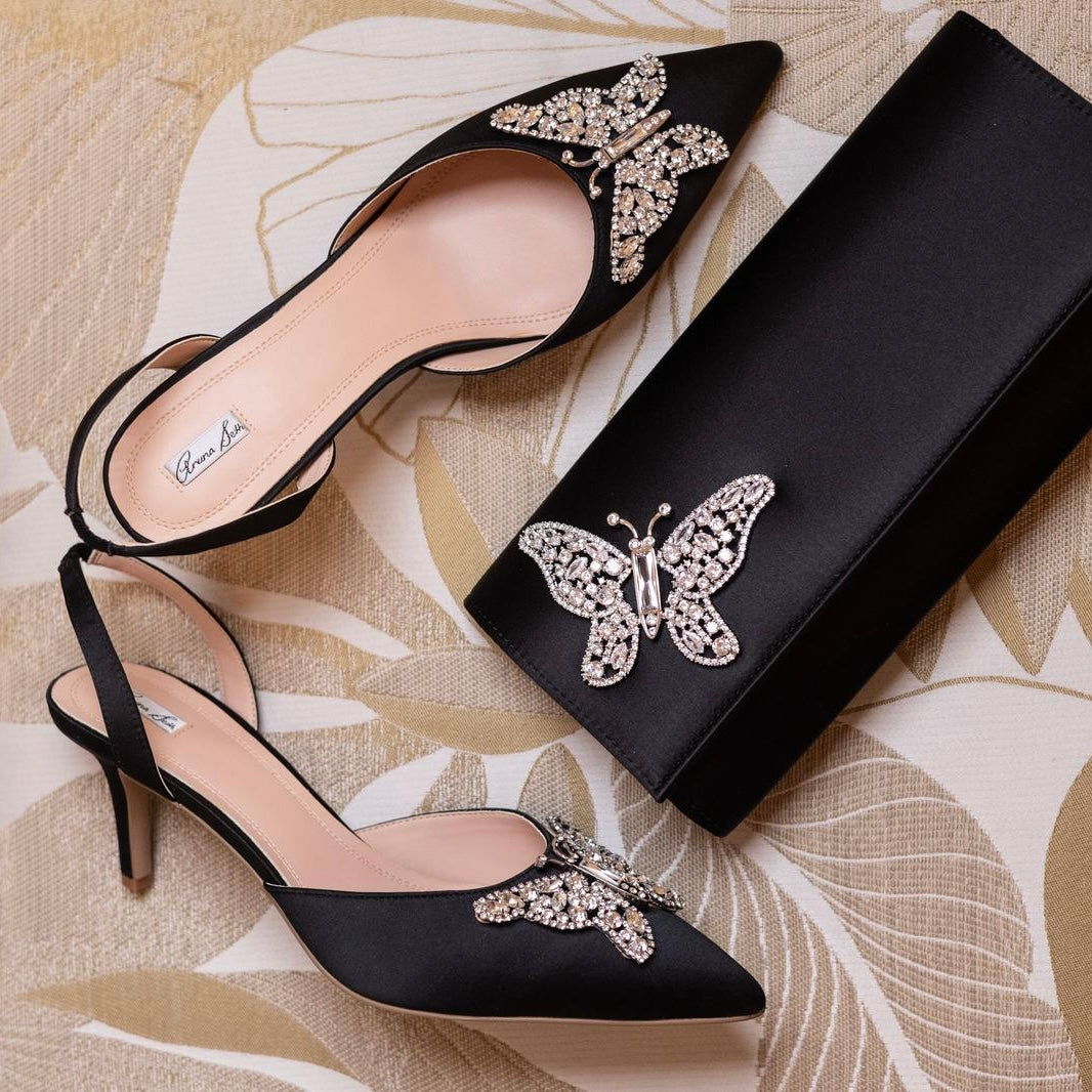 Butterfly Black Satin Clutch Bag