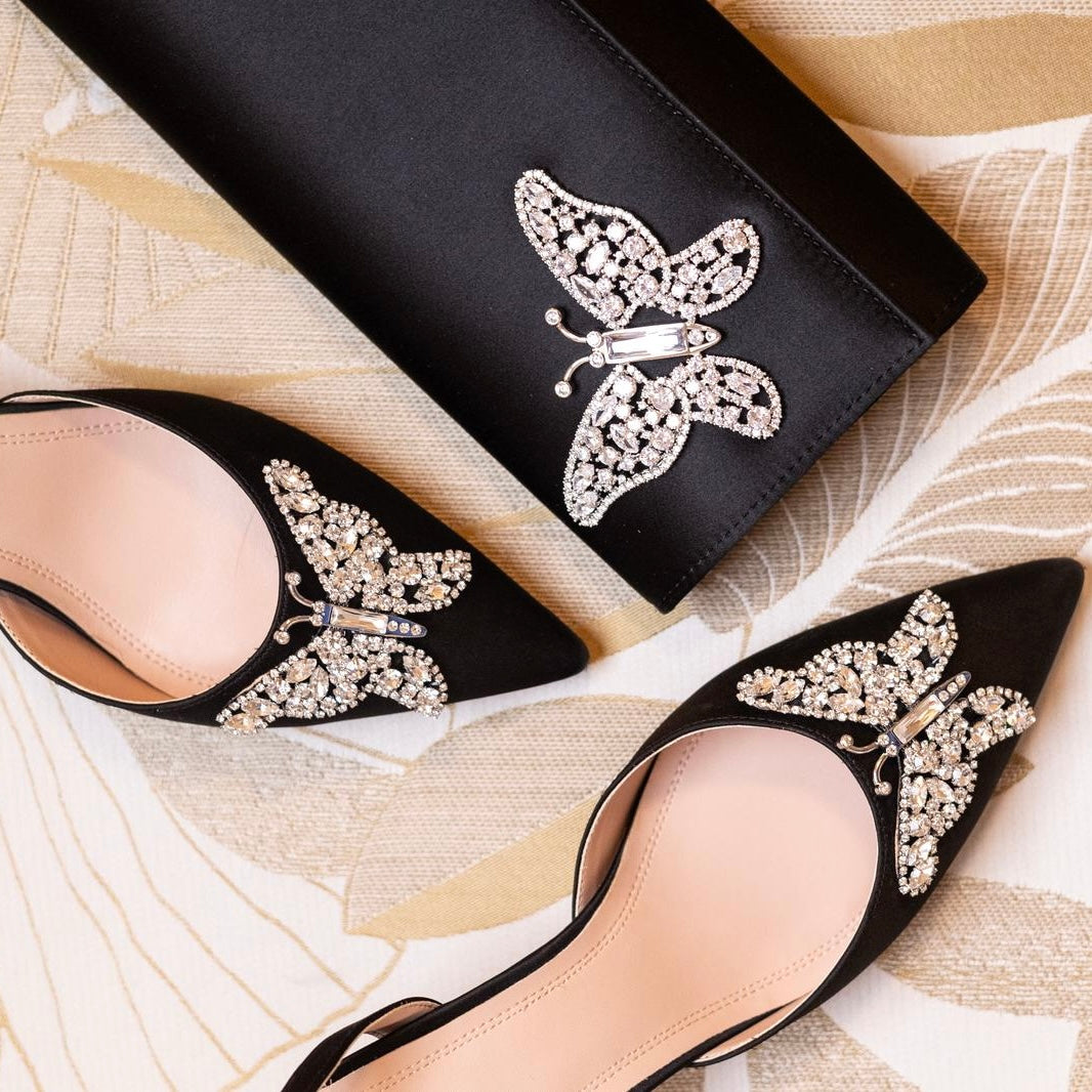 Butterfly Black Satin Clutch Bag