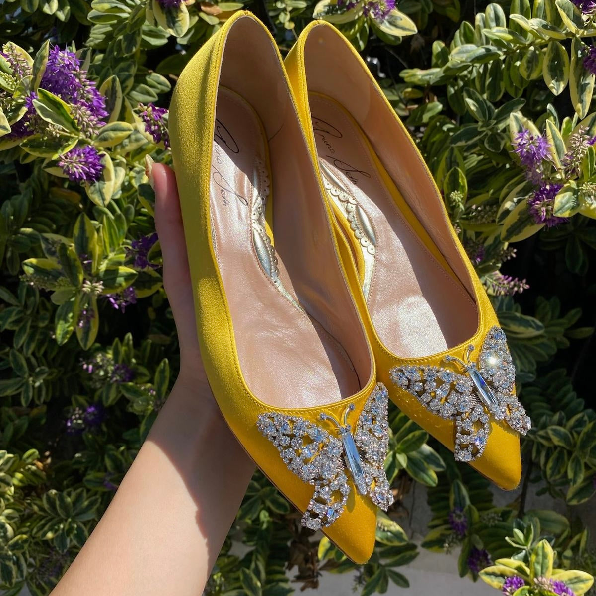 Eliana Butterfly Pointy Flats Yellow Satin