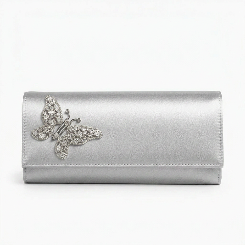 Silver Satin Butterfly Clutch Bag