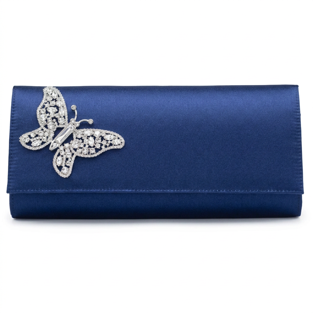 Navy Blue Satin Butterfly Clutch Bag