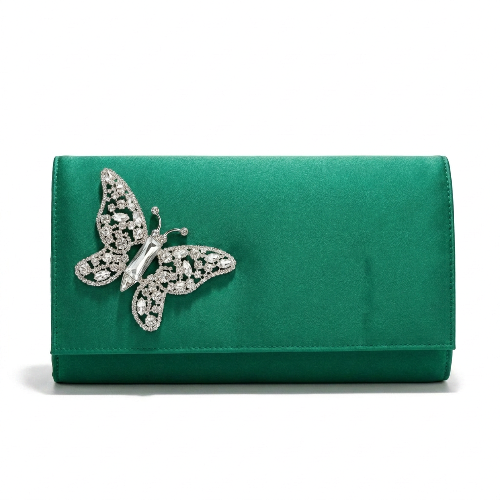 Emerald Green Satin Butterfly Clutch Bag