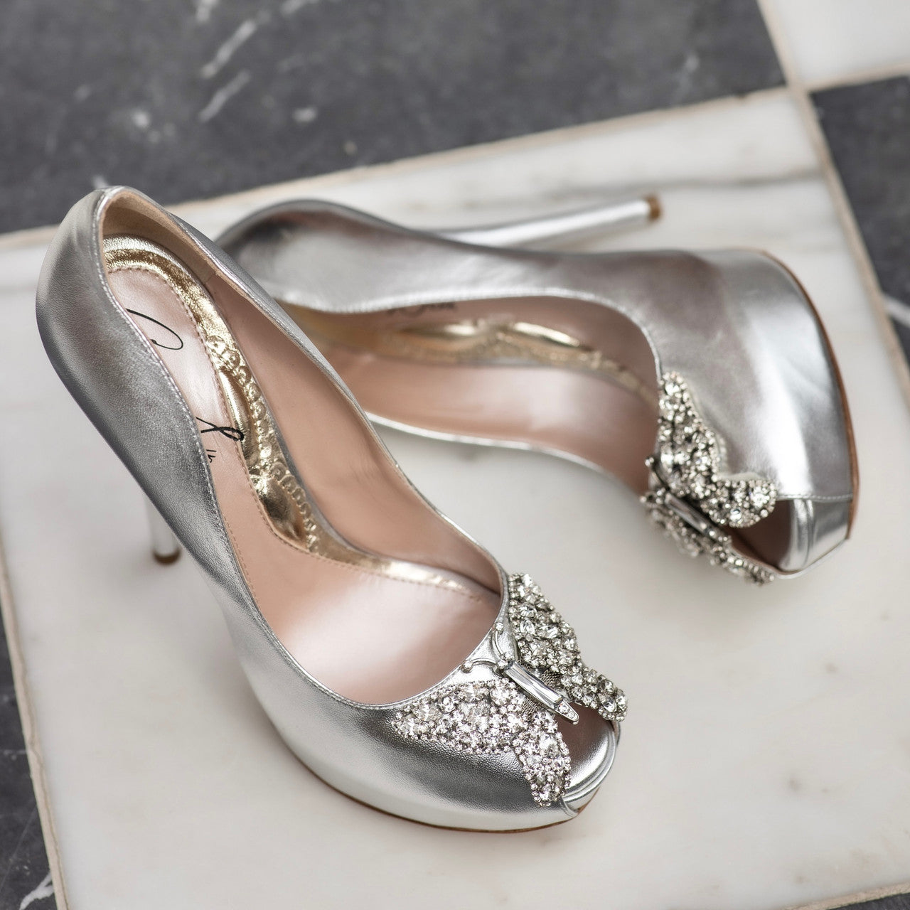 Sky Open Toe Silver Leather Platform 130mm