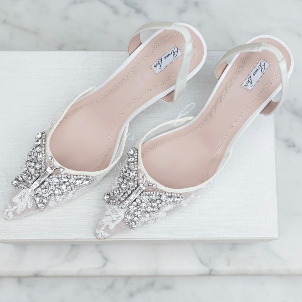 LOVE BUTTERFLY SLINGBACK HEELS IVORY LACE