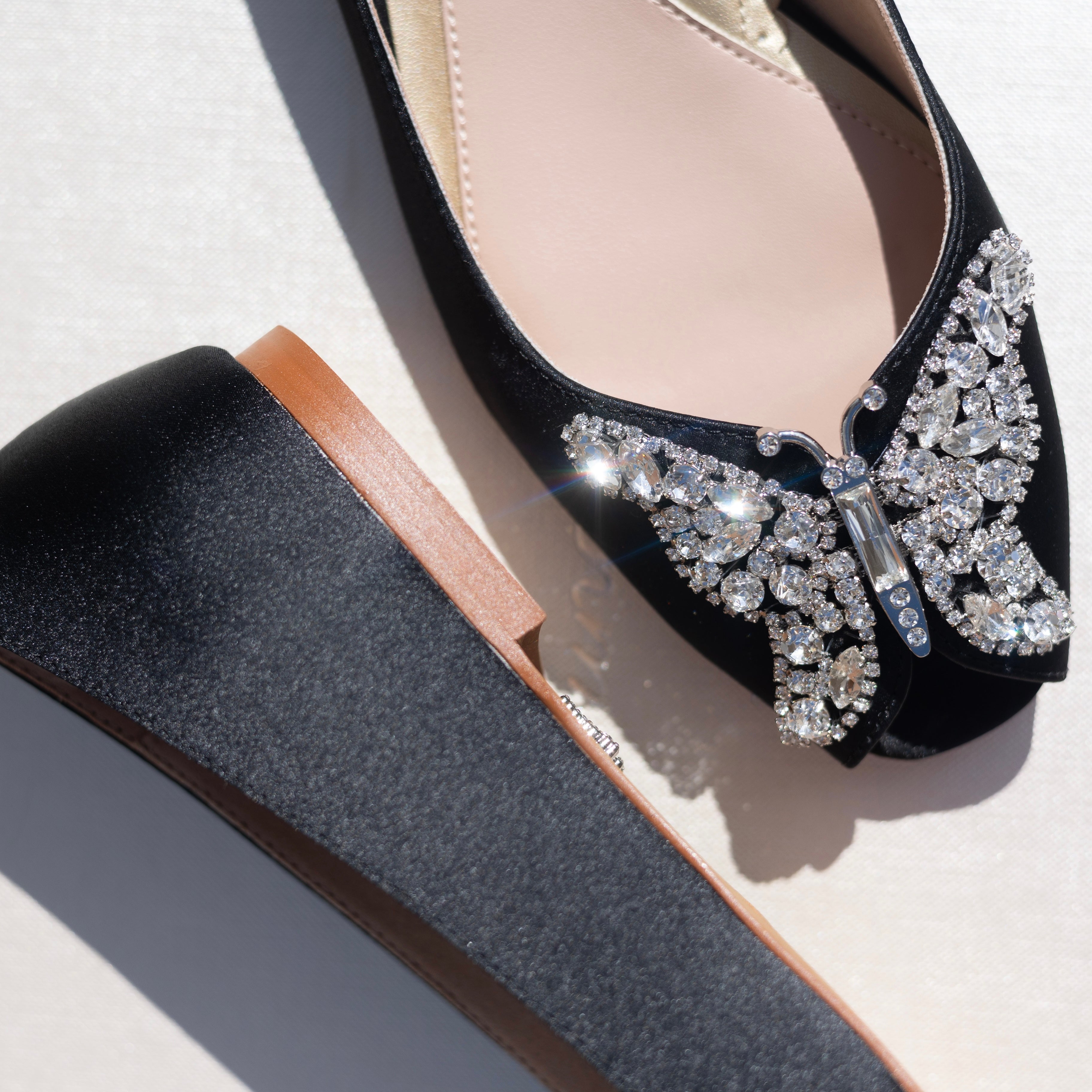 Liana Butterfly Open Toe Flats Black Satin Ballerinas