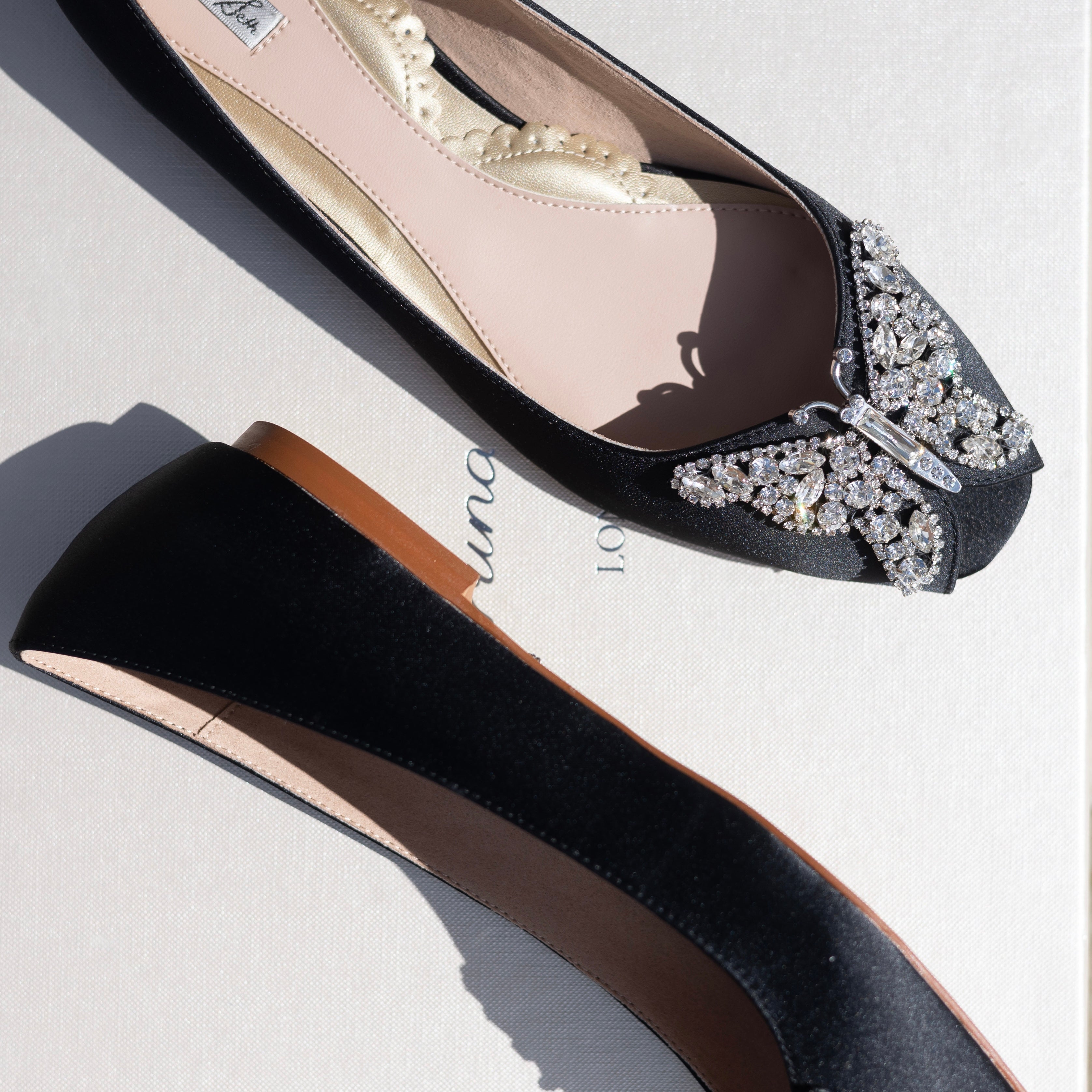 Liana Butterfly Open Toe Flats Black Satin Ballerinas