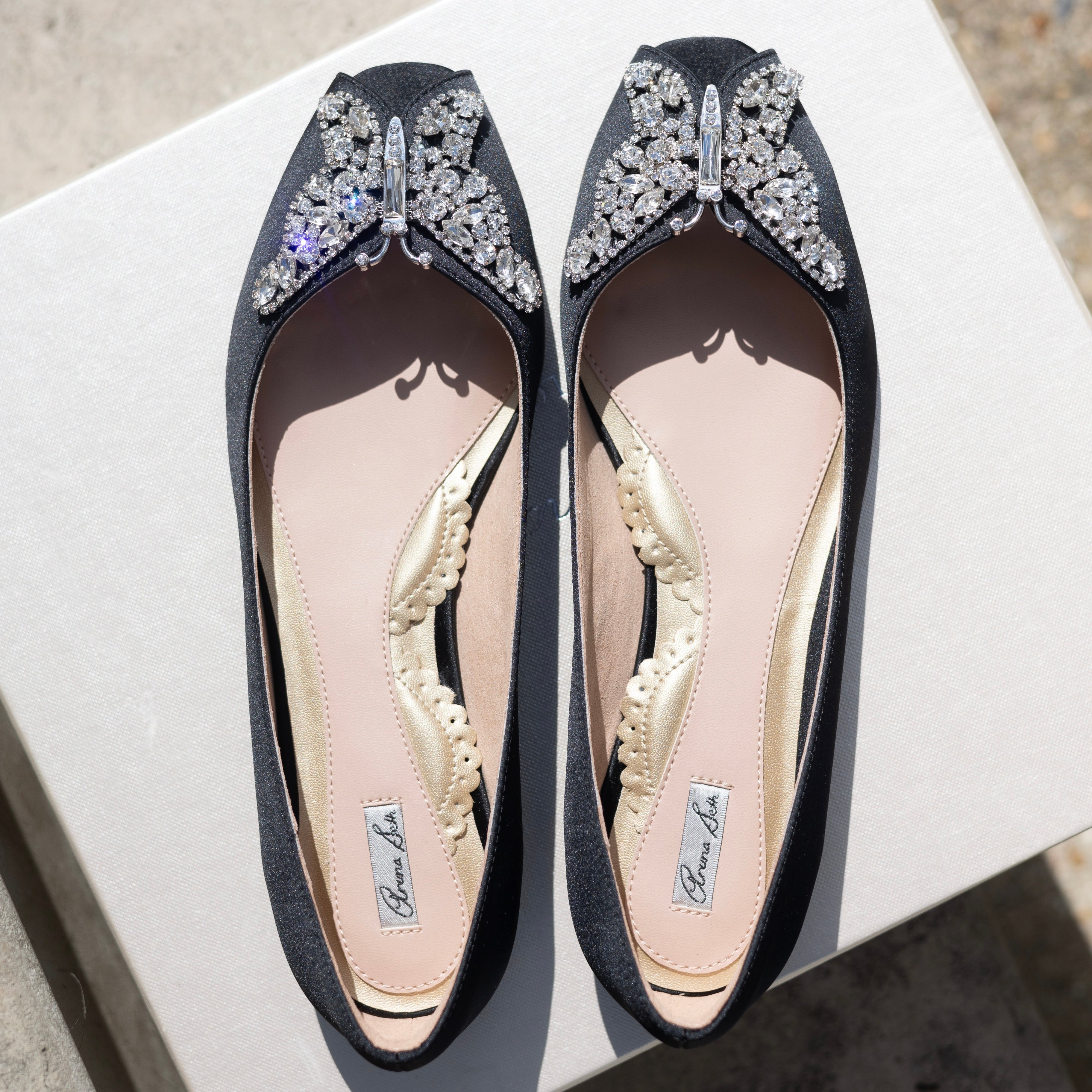 Liana Butterfly Open Toe Flats Black Satin Ballerinas