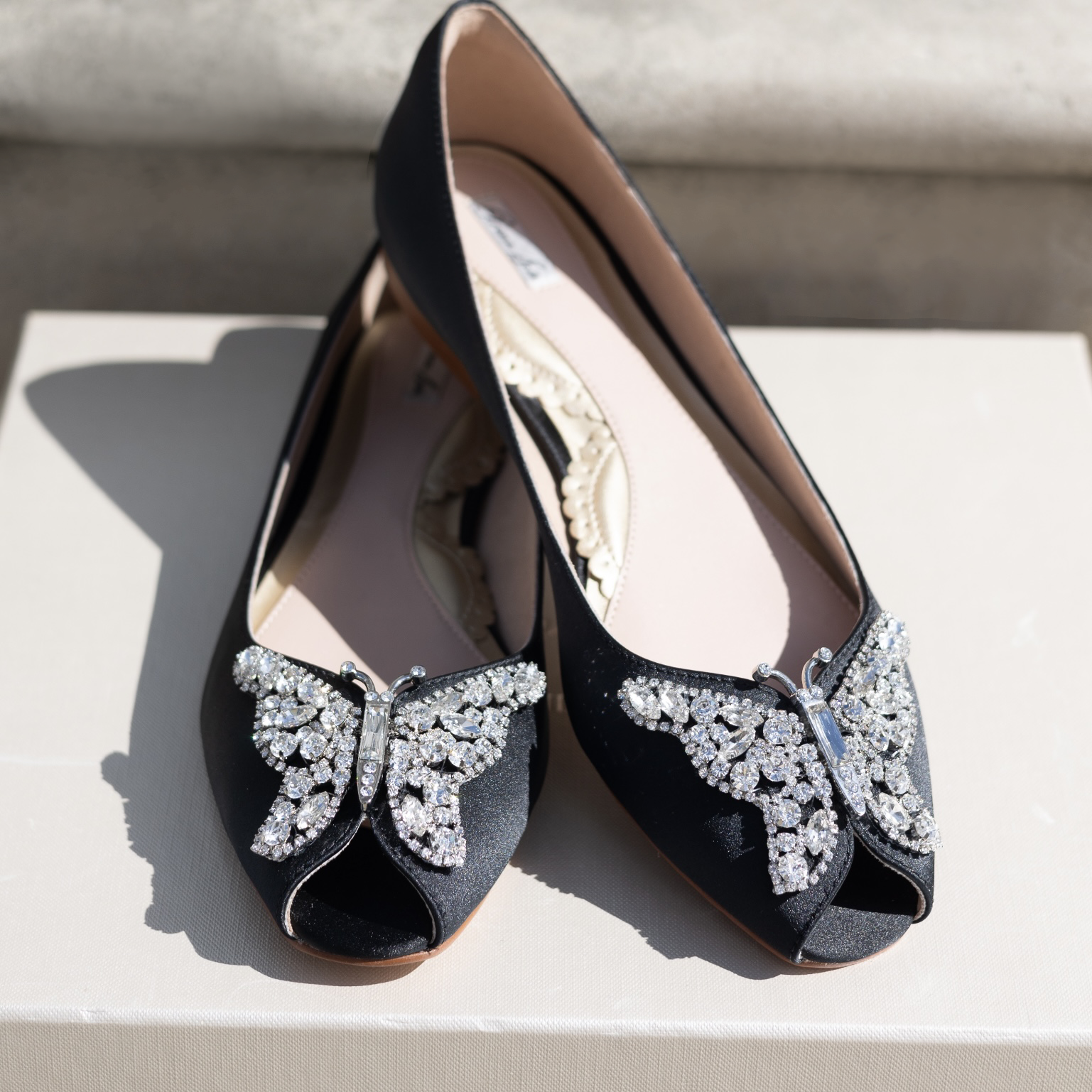Liana Butterfly Open Toe Flats Black Satin Ballerinas
