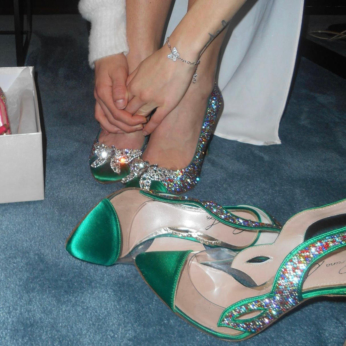 Confetti Butterfly Heels Emerald Green Satin