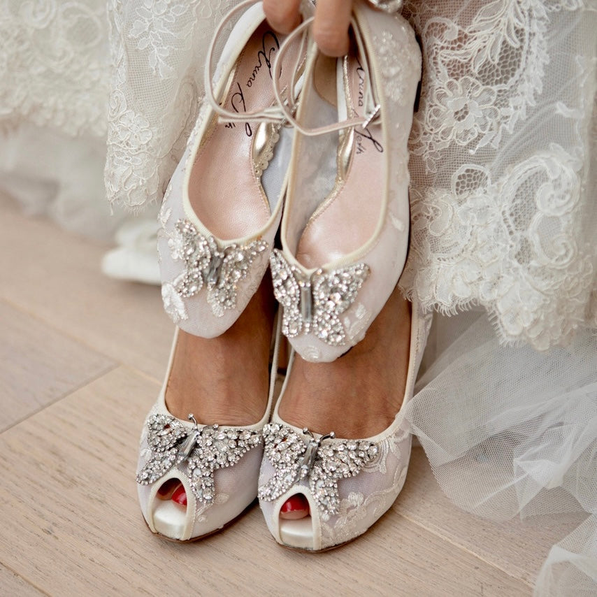 Evi Open Toe Butterfly Heel Ivory Lace