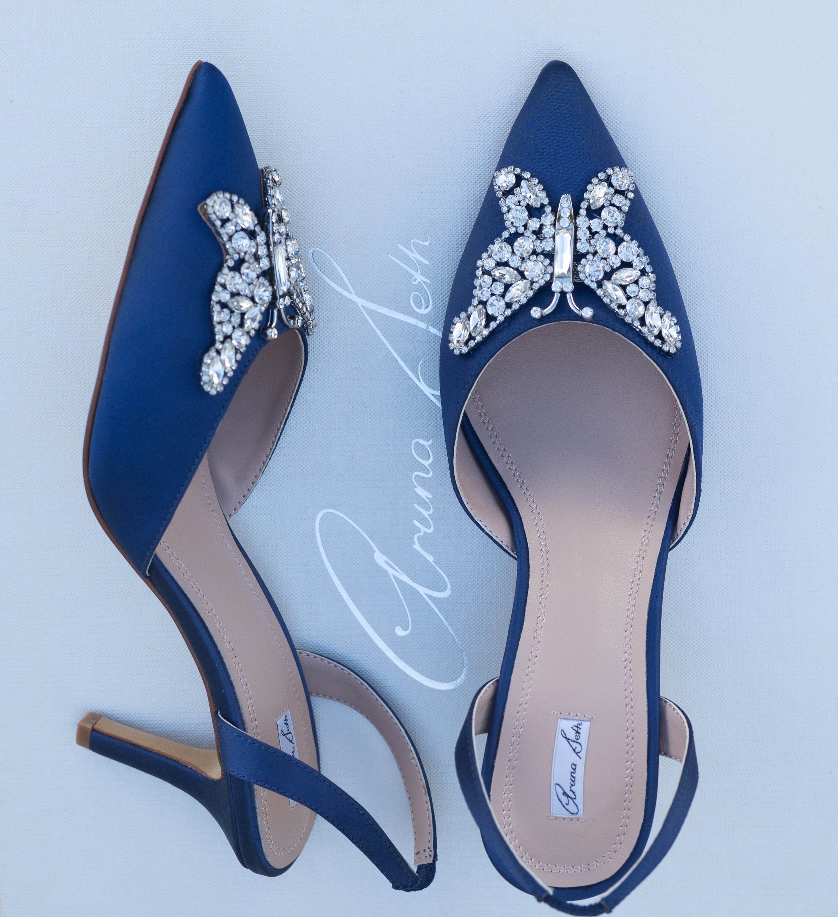 Love Butterfly Slingback Heels Navy Blue Satin