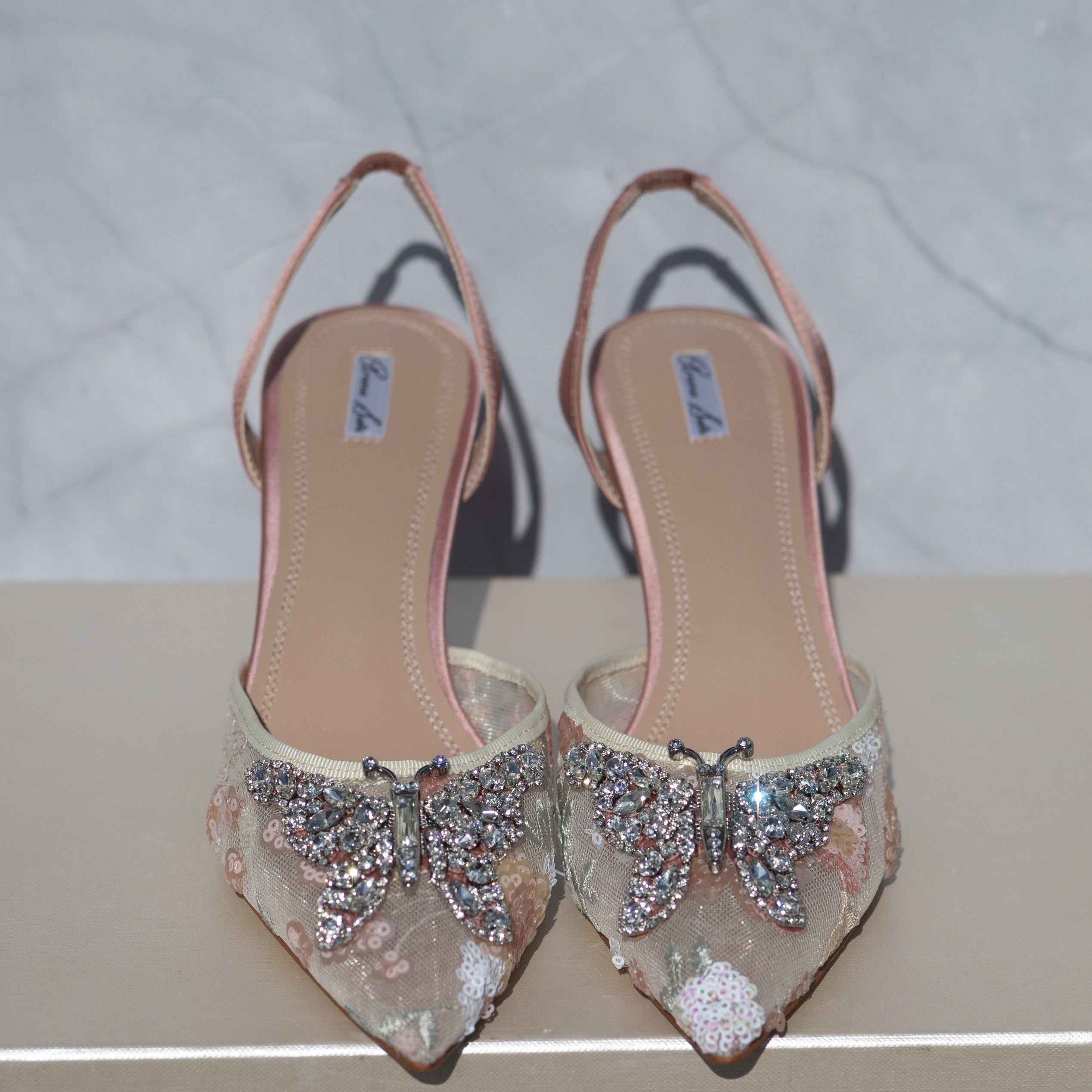 Love Butterfly Slingback Heels Floral Beaded Lace