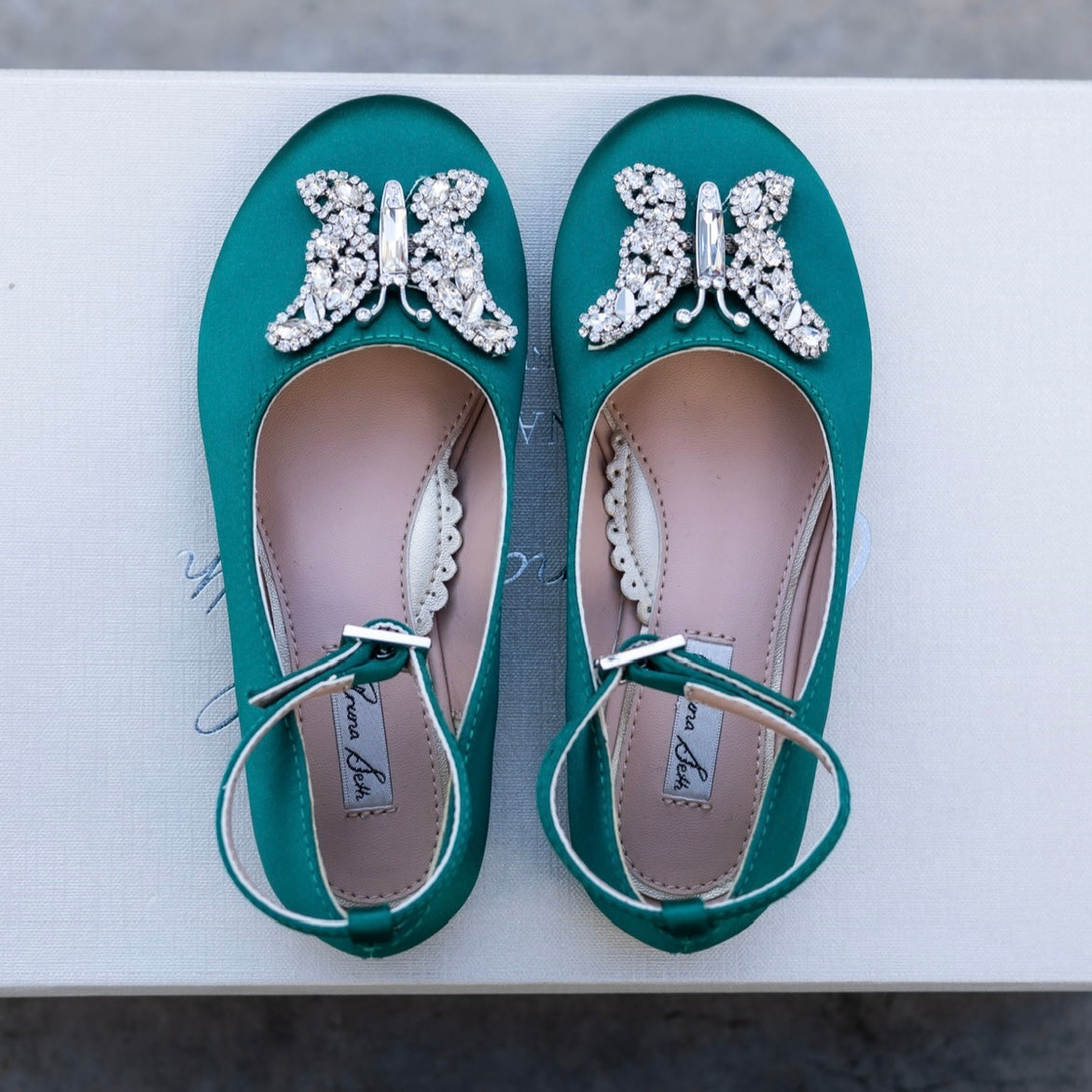 Angelina Butterfly Girls Shoes Emerald Green Satin