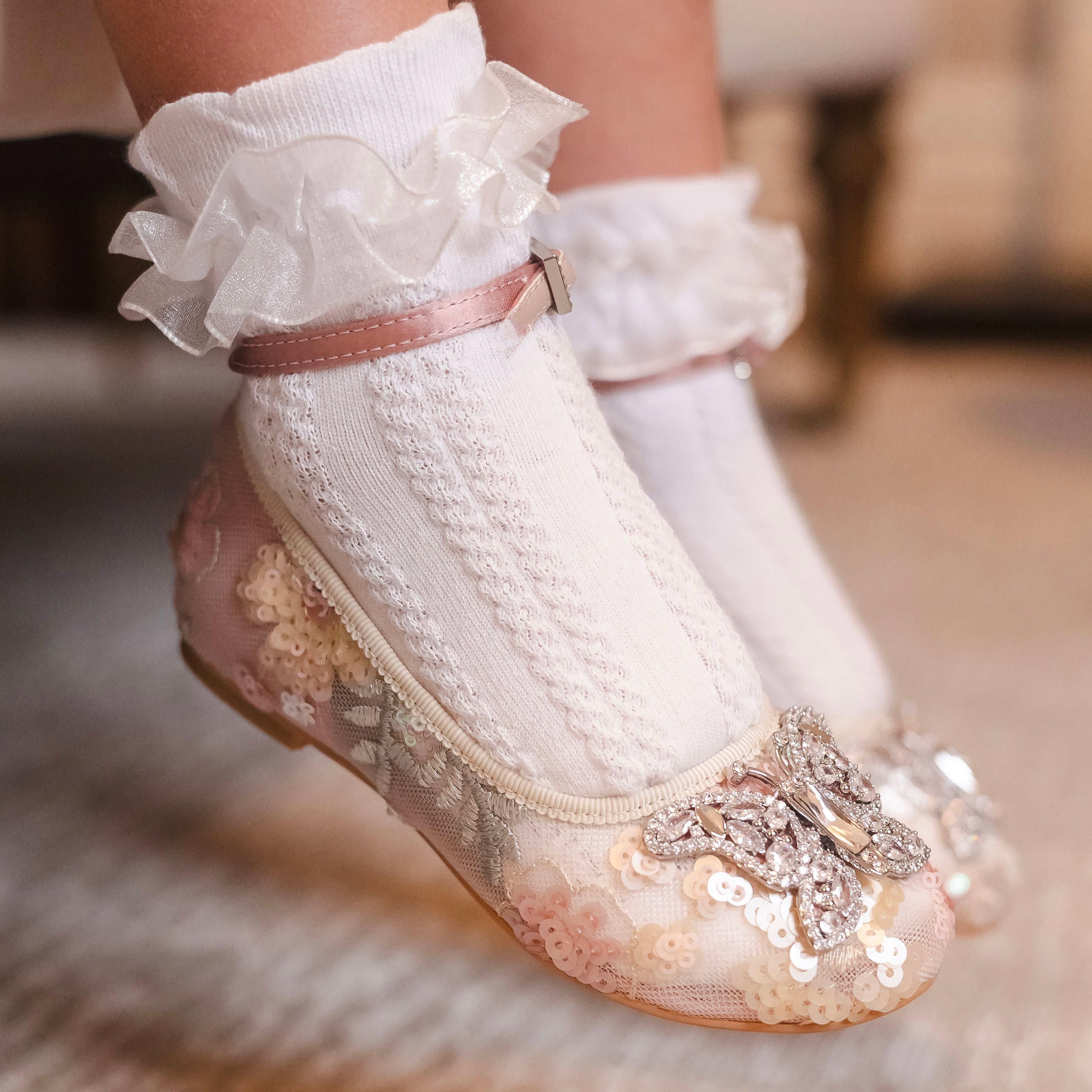 Angelina Butterfly Girl Shoes Beaded Floral Lace