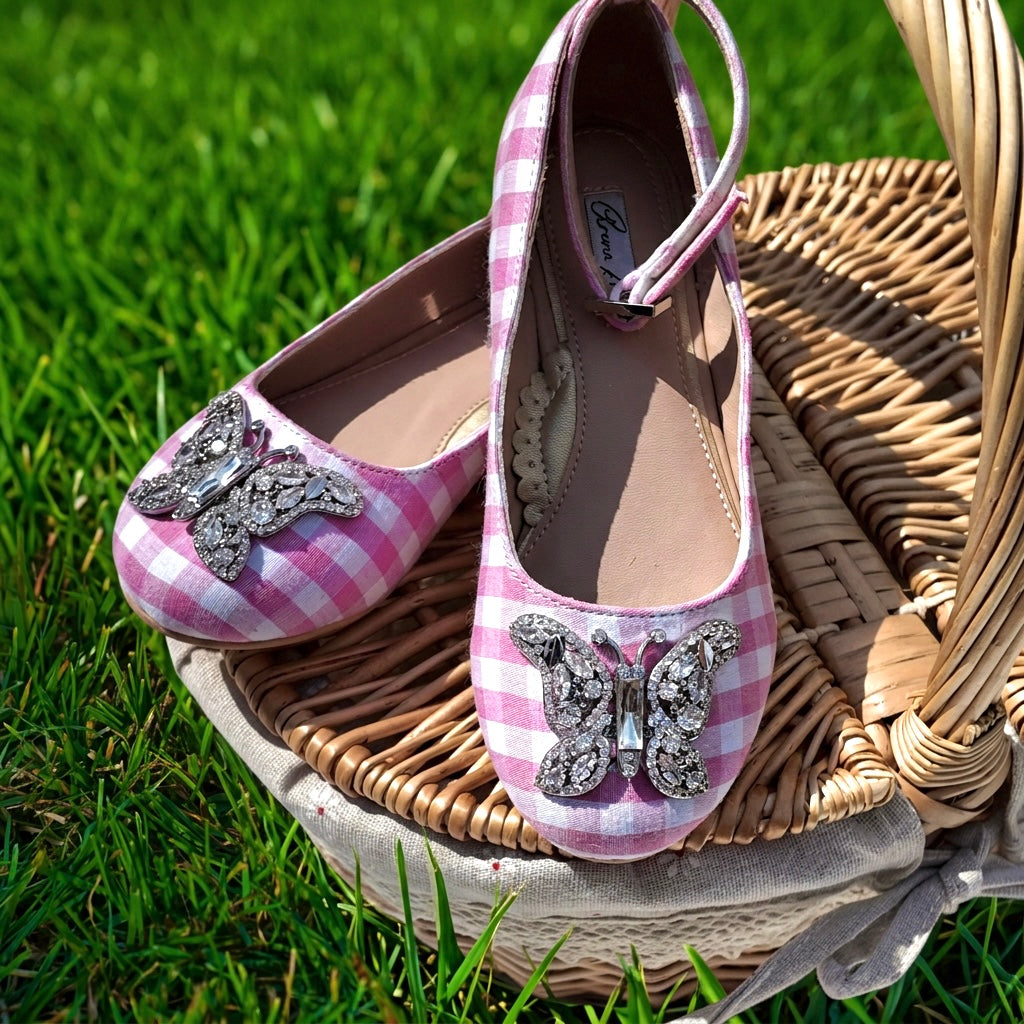 ANGELINA BUTTERFLY GIRLS ROSE SHOES PINK GINGHAM