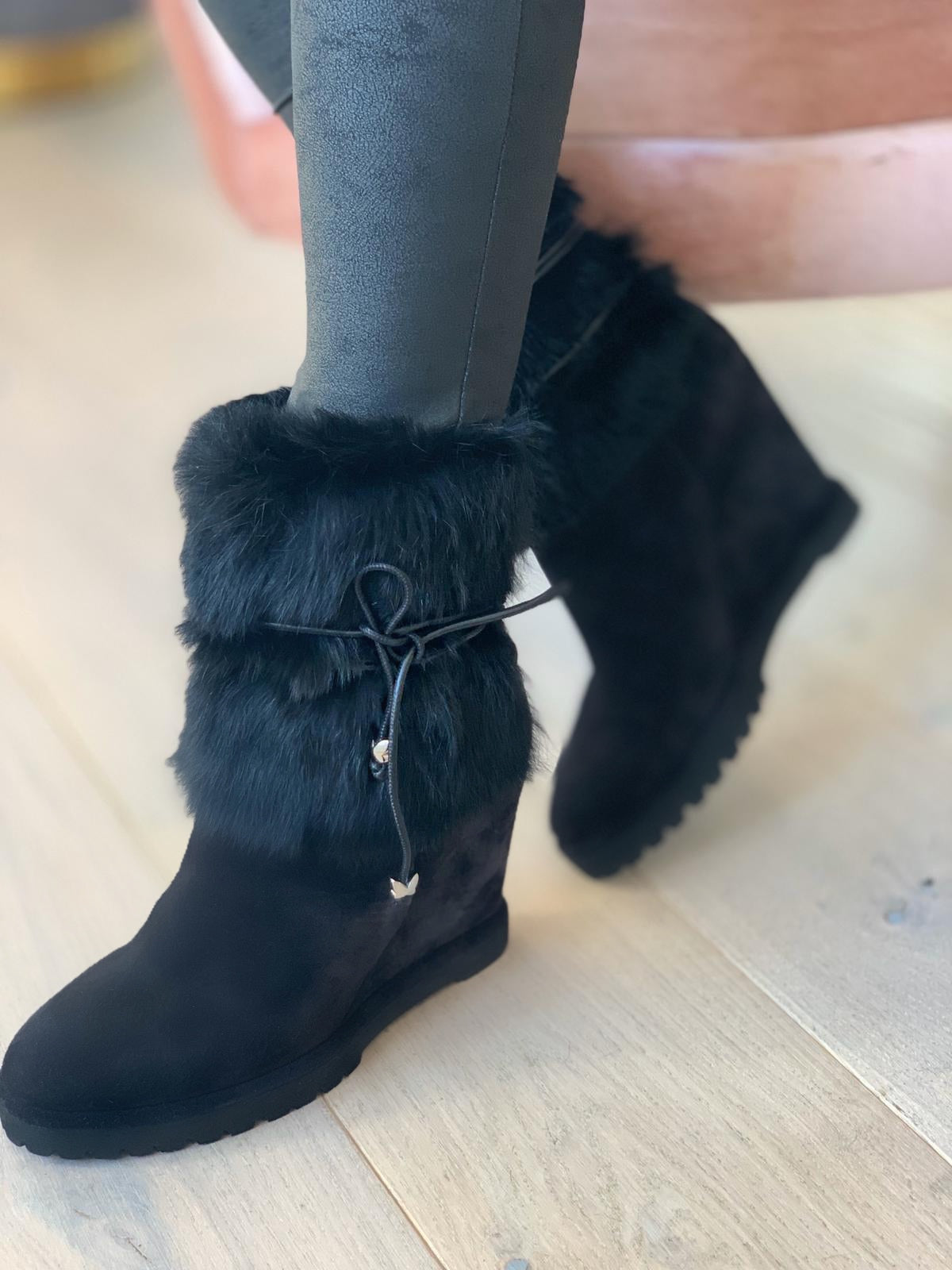 St Moritz Black Suede Fur Ankle Boot