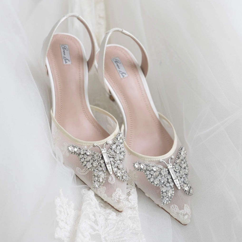 LOVE BUTTERFLY SLINGBACK HEELS IVORY LACE