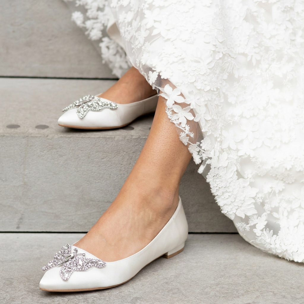 Eliana Ballerina Flat Pointy Ivory Satin