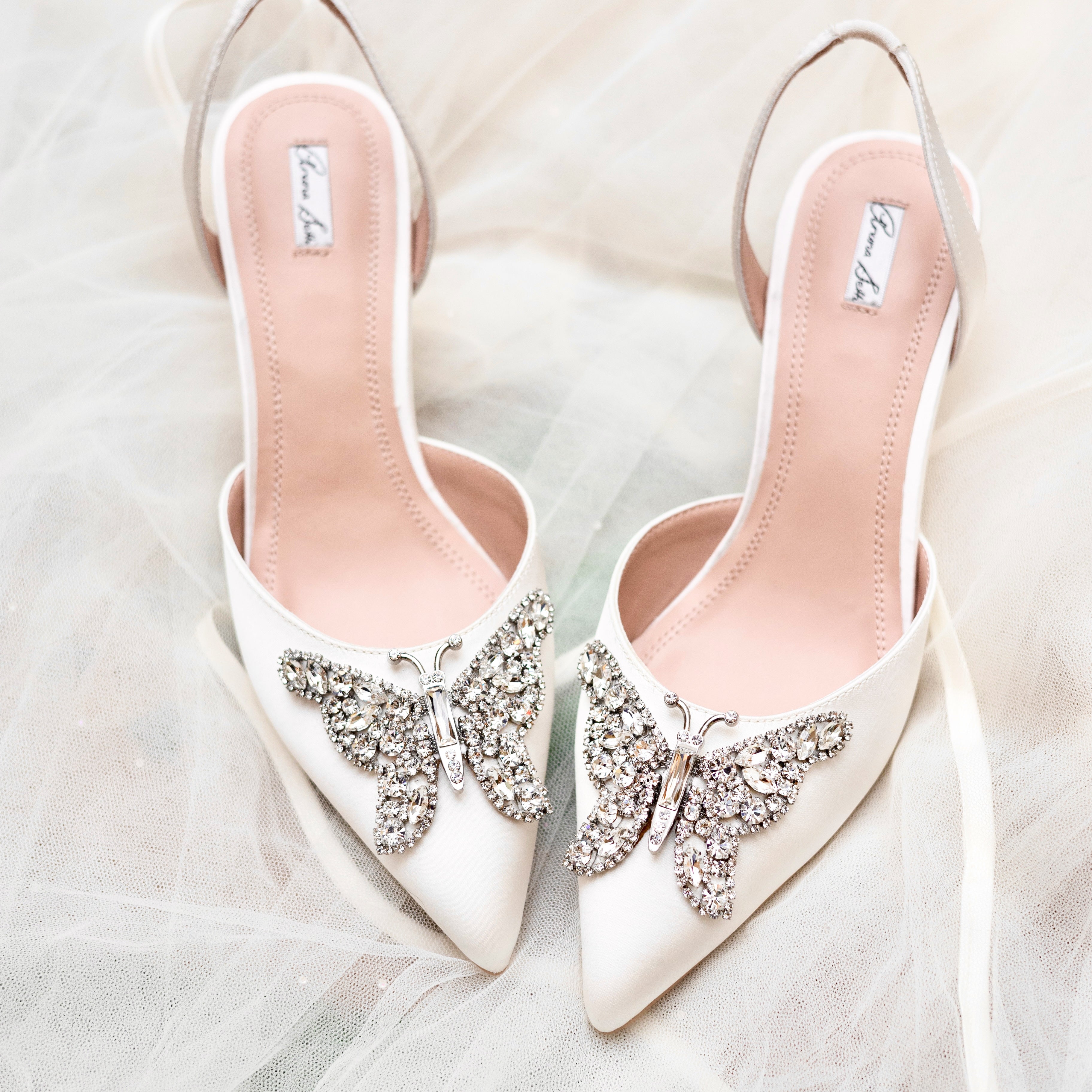 Love Butterfly Slingback Heels Ivory Satin