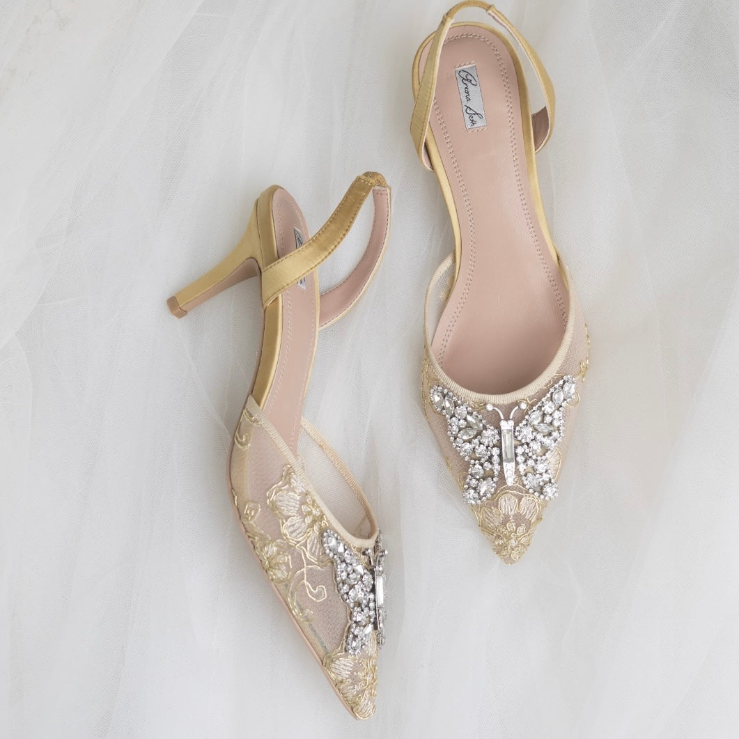 LOVE BUTTERFLY SLINGBACK HEELS GOLD LACE