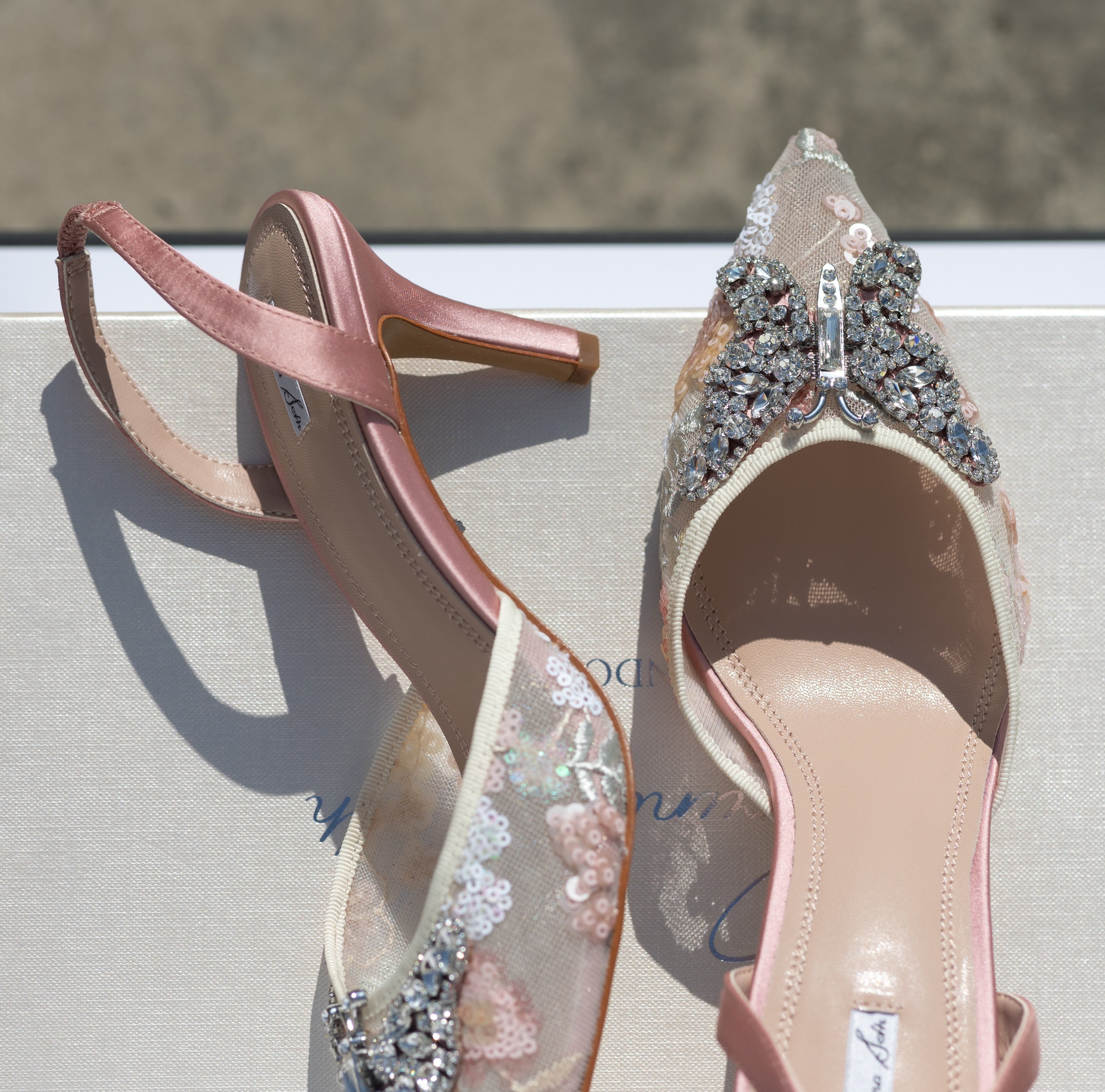 Love Butterfly Slingback Heels Floral Beaded Lace