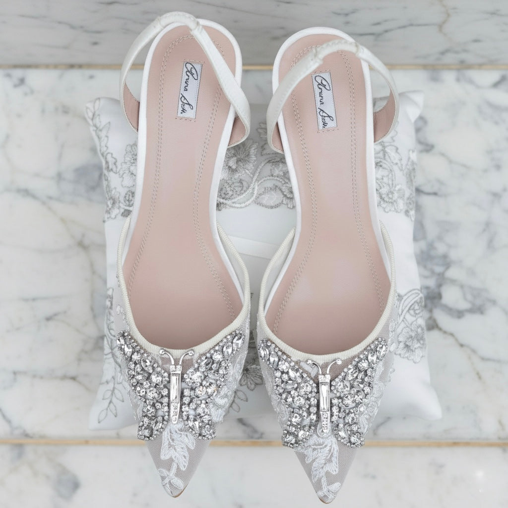 LOVE BUTTERFLY SLINGBACK HEELS IVORY LACE