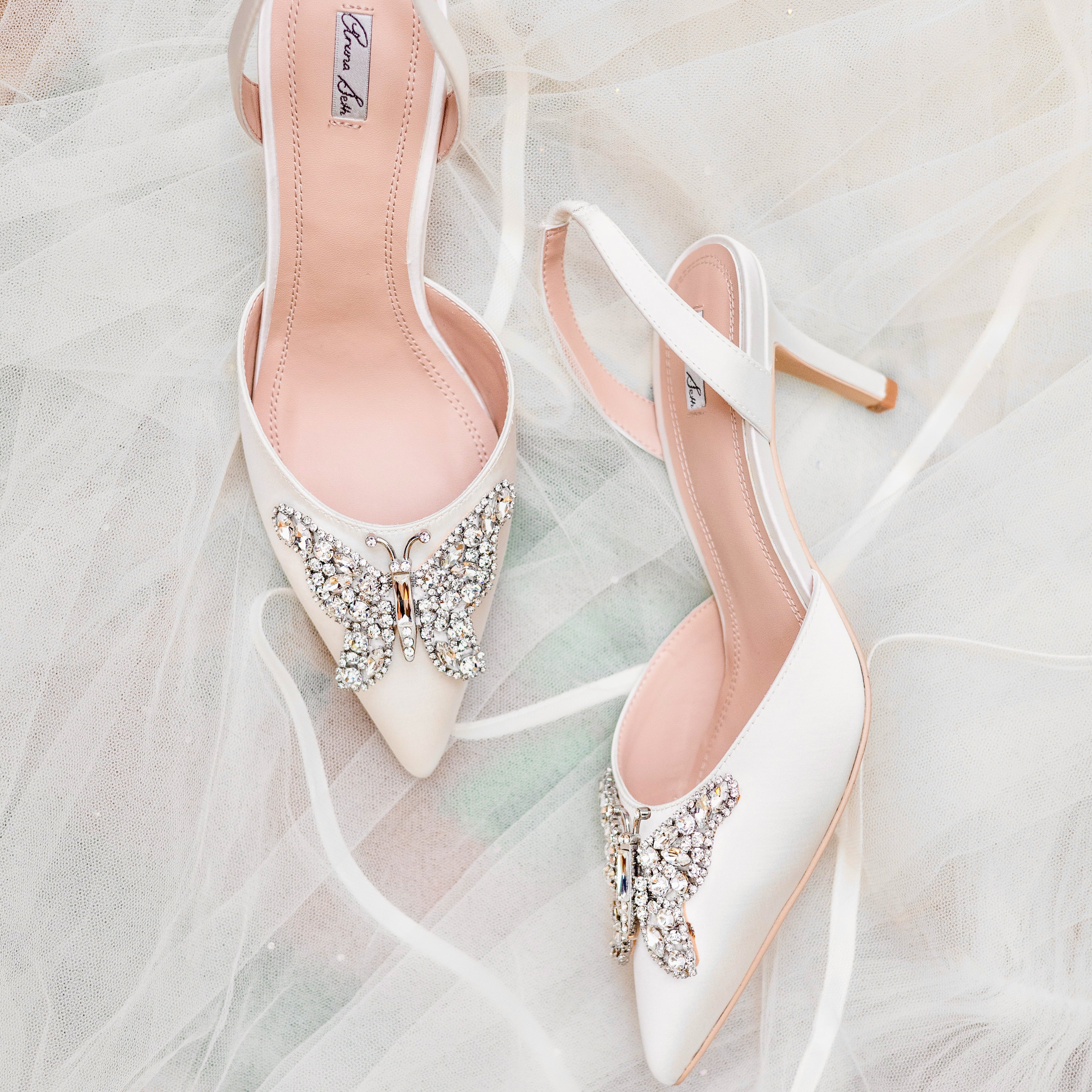 Love Butterfly Slingback Heels Ivory Satin