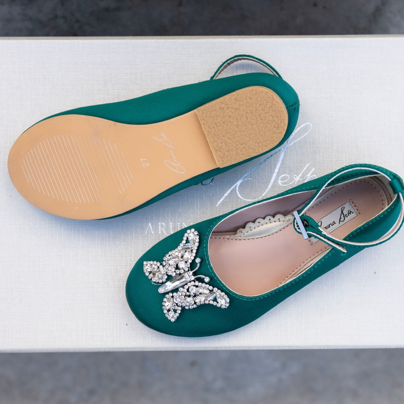 Angelina Butterfly Girls Shoes Emerald Green Satin
