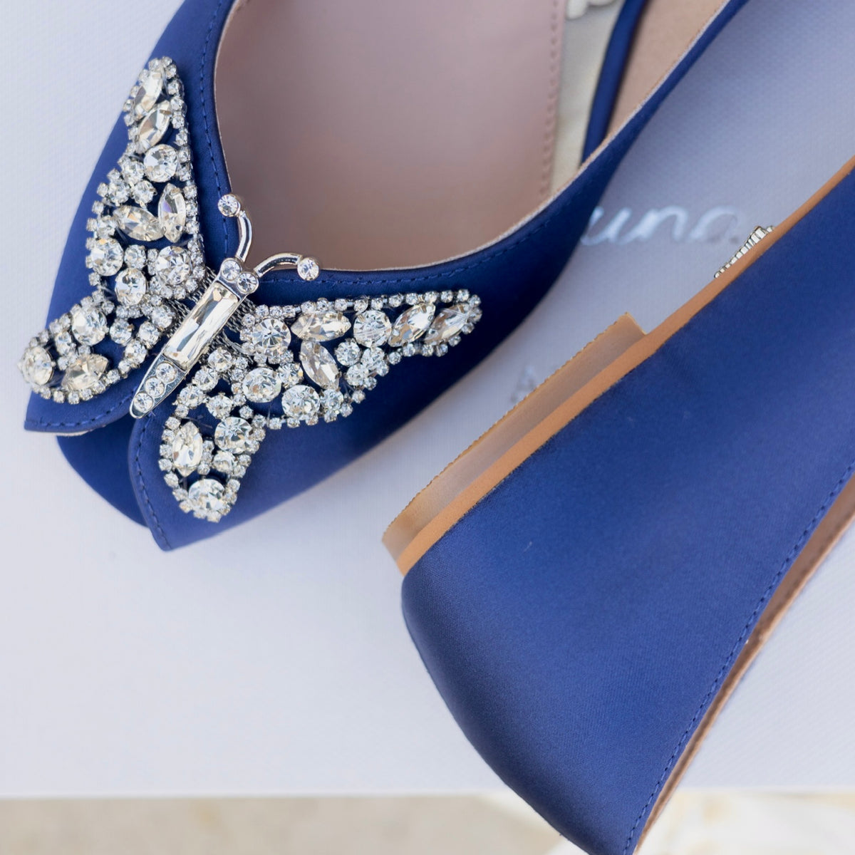 LIANA BUTTERFLY OPEN TOE FLATS NAVY SATIN BALLERINAS